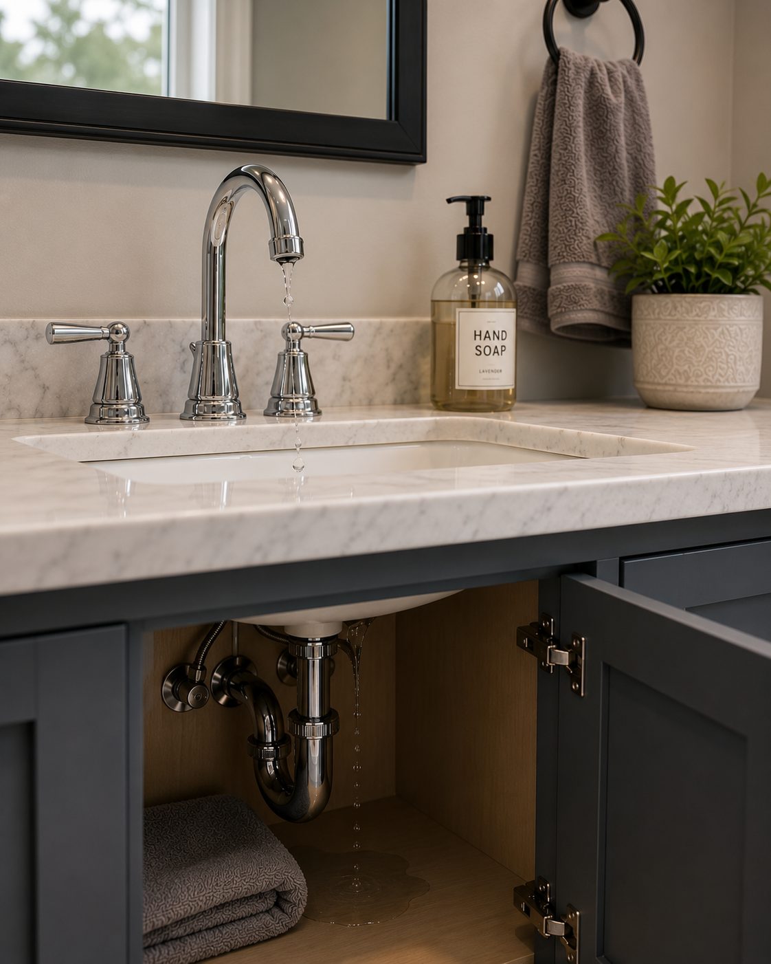 Residential bathroom vanity with a faucet running slowly and water leaking beneath the sink, representing faucet repair and under-sink plumbing repairs.