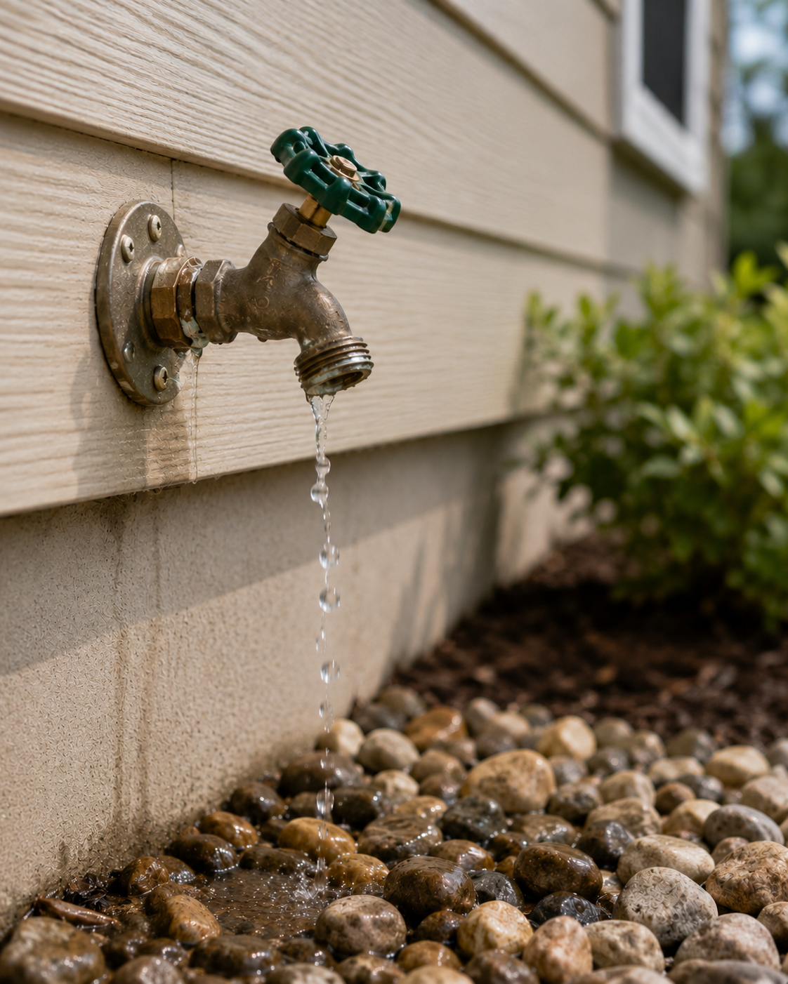 A garden hose spigot with water dripping, mounted on the side of a house with horizontal siding, surrounded by small stones and a shrub.
