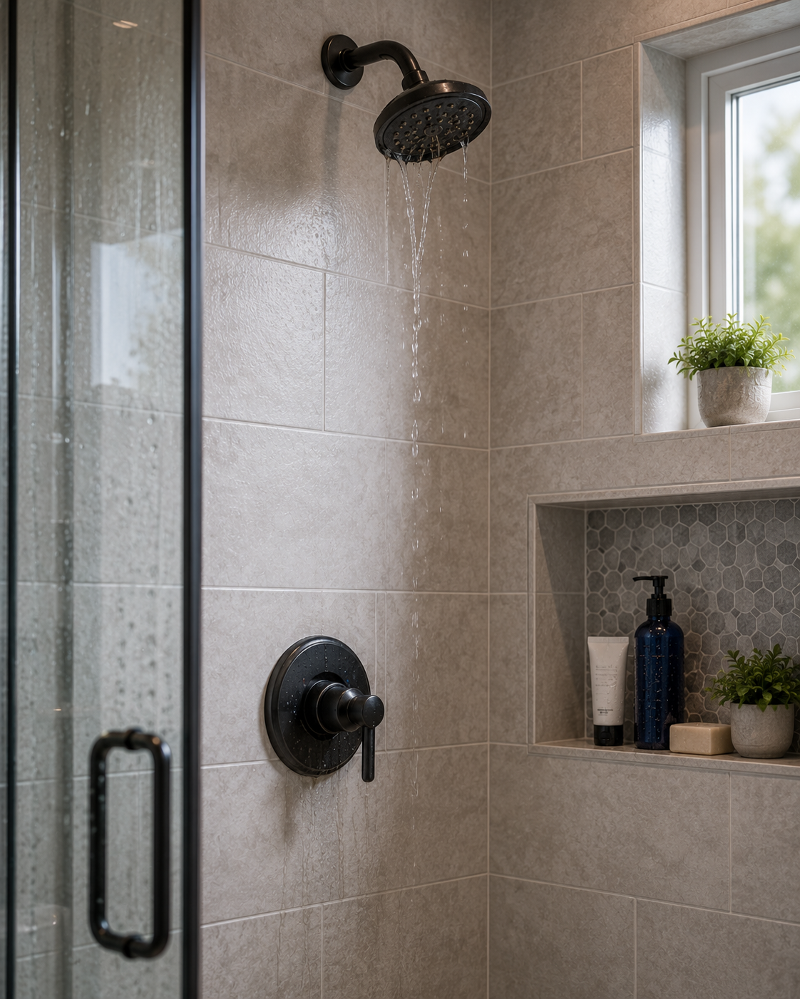 Shower with a black showerhead and control, beige tiled wall, a built-in shelf with blue soap dispenser, white lotion tube, soap, and small potted plants, and a window with view of green trees.