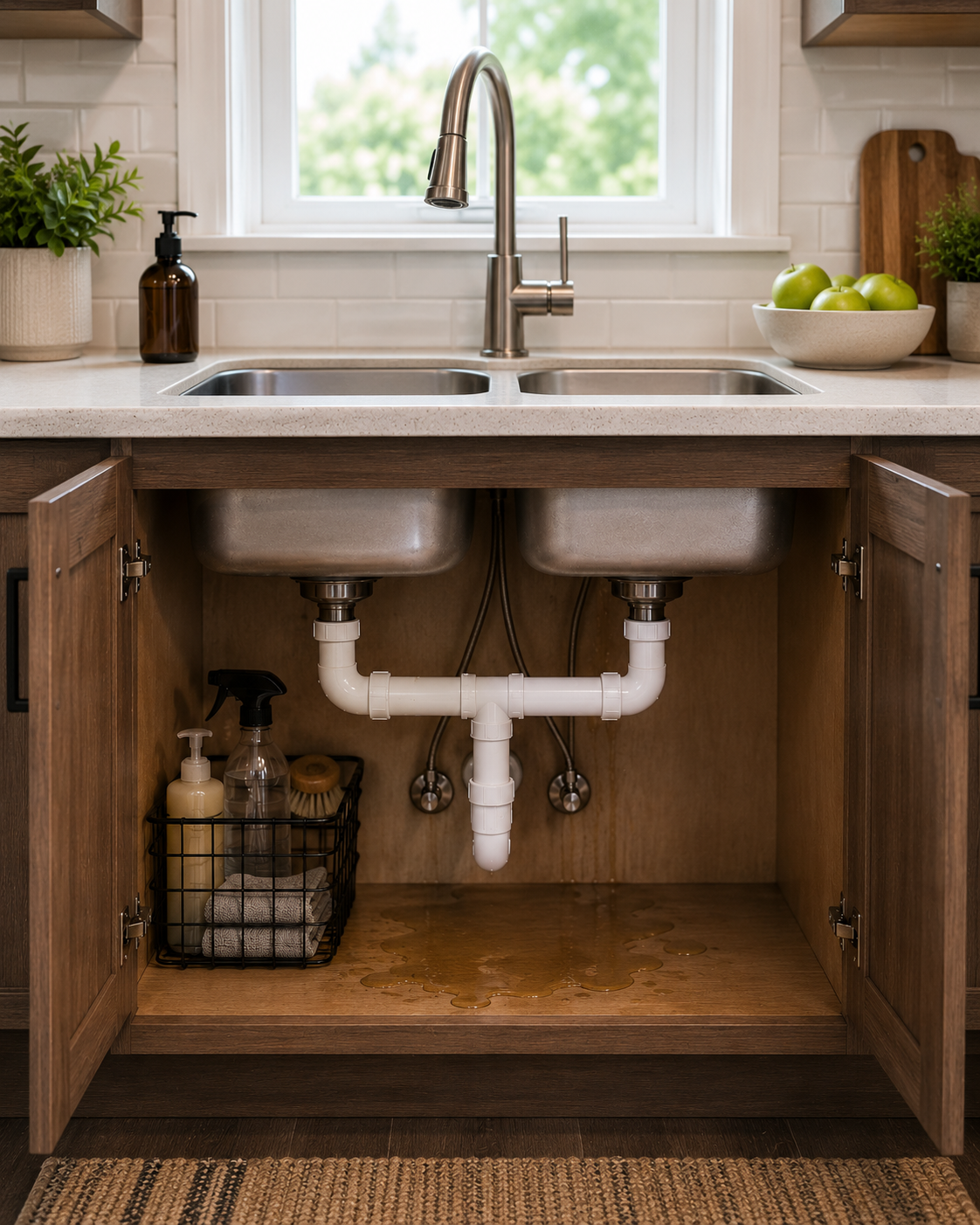 Kitchen sink with open cabinets, plumbing pipes visible underneath, on a countertop with a window, green apples in a bowl, and cleaning supplies in a basket.