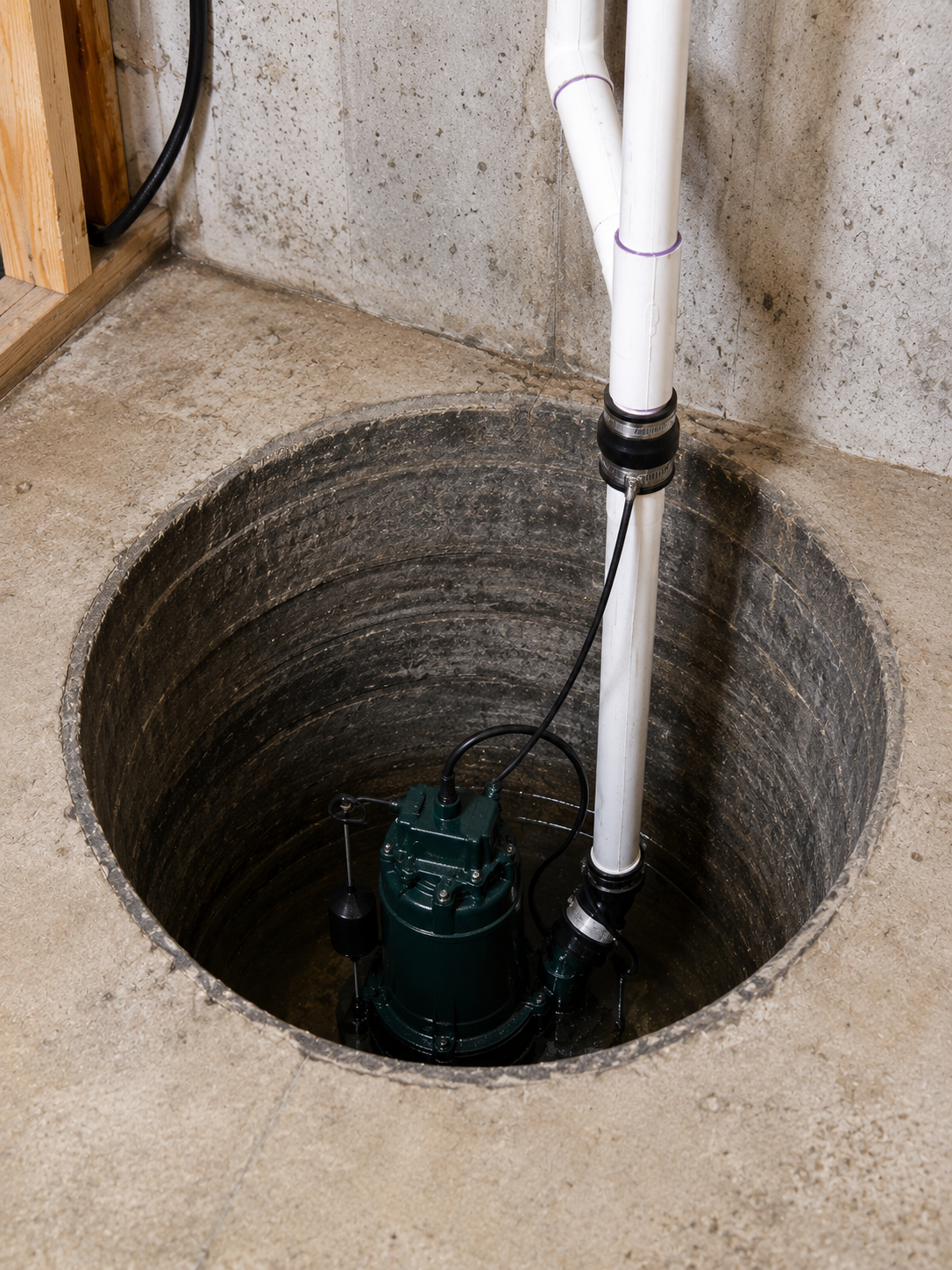 A sump pump installed in a basement floor with a vertical PVC pipe connected to it.