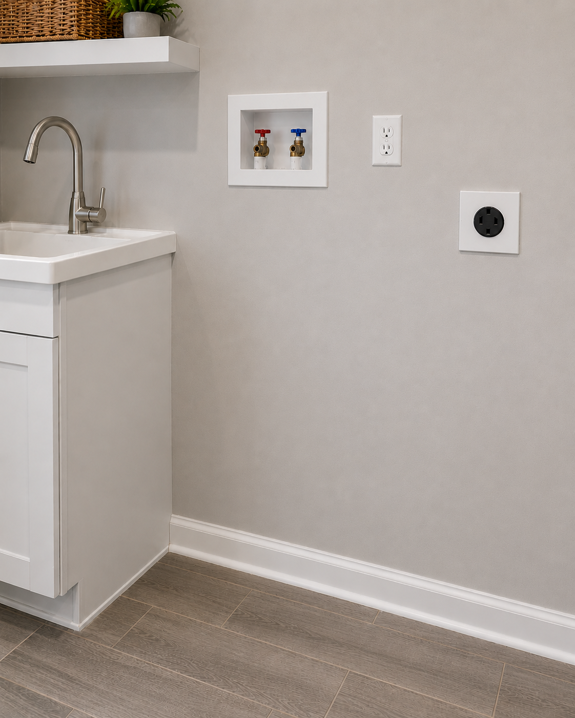 Laundry room corner with a white utility sink, a wall-mounted shelf with a potted plant, and water supply and electrical outlets on a light grey wall.
