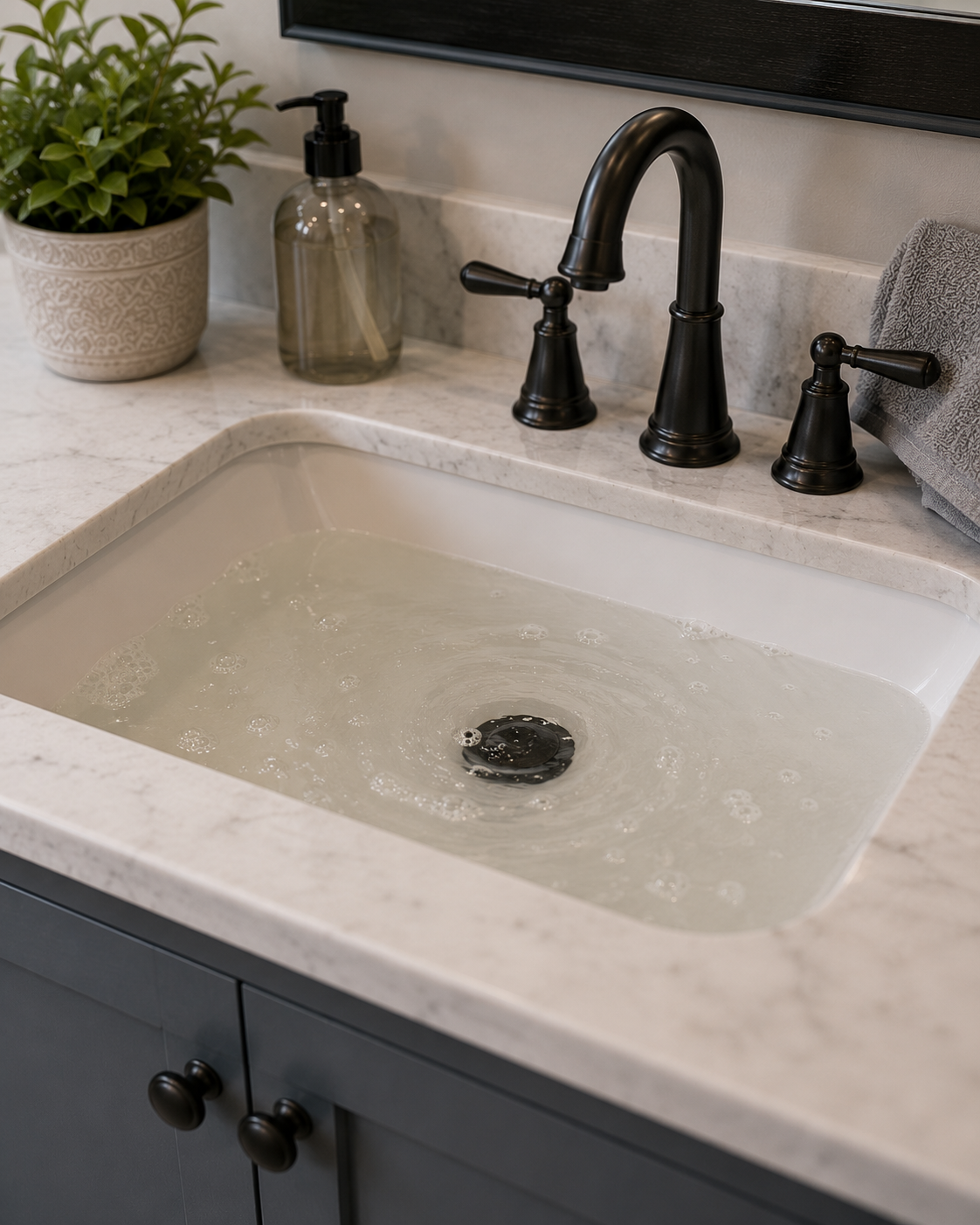 Bathroom sink with water running, black faucet, a potted green plant, soap dispenser, and a gray towel on the countertop.