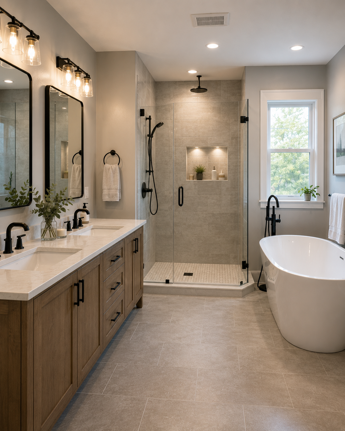 Modern bathroom with double vanity, black fixtures, a glass-enclosed shower with niche and black hardware, a freestanding bathtub, and a window with greenery outside.