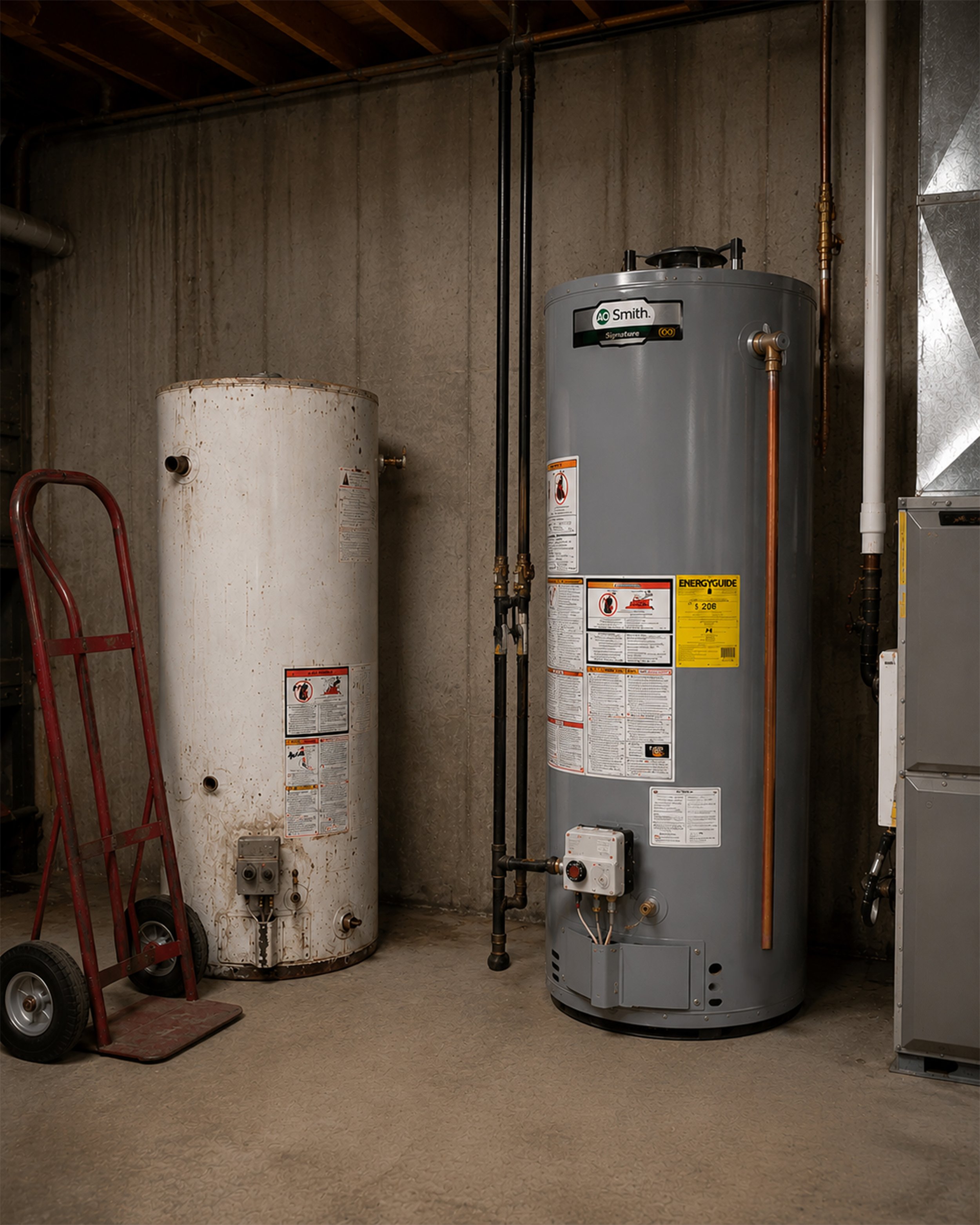 A utility room with two water heaters, one white and one gray, along with a red hand truck, pipes, and electrical conduit on unfinished walls and carpeted floor.