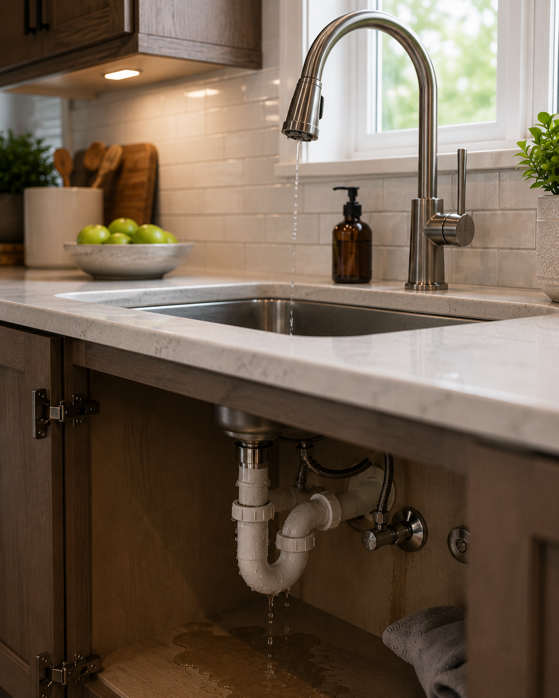 Kitchen sink with running water, stainless steel faucet, brown cabinets, green apples in a bowl, soap dispenser, and a window with view of greenery.