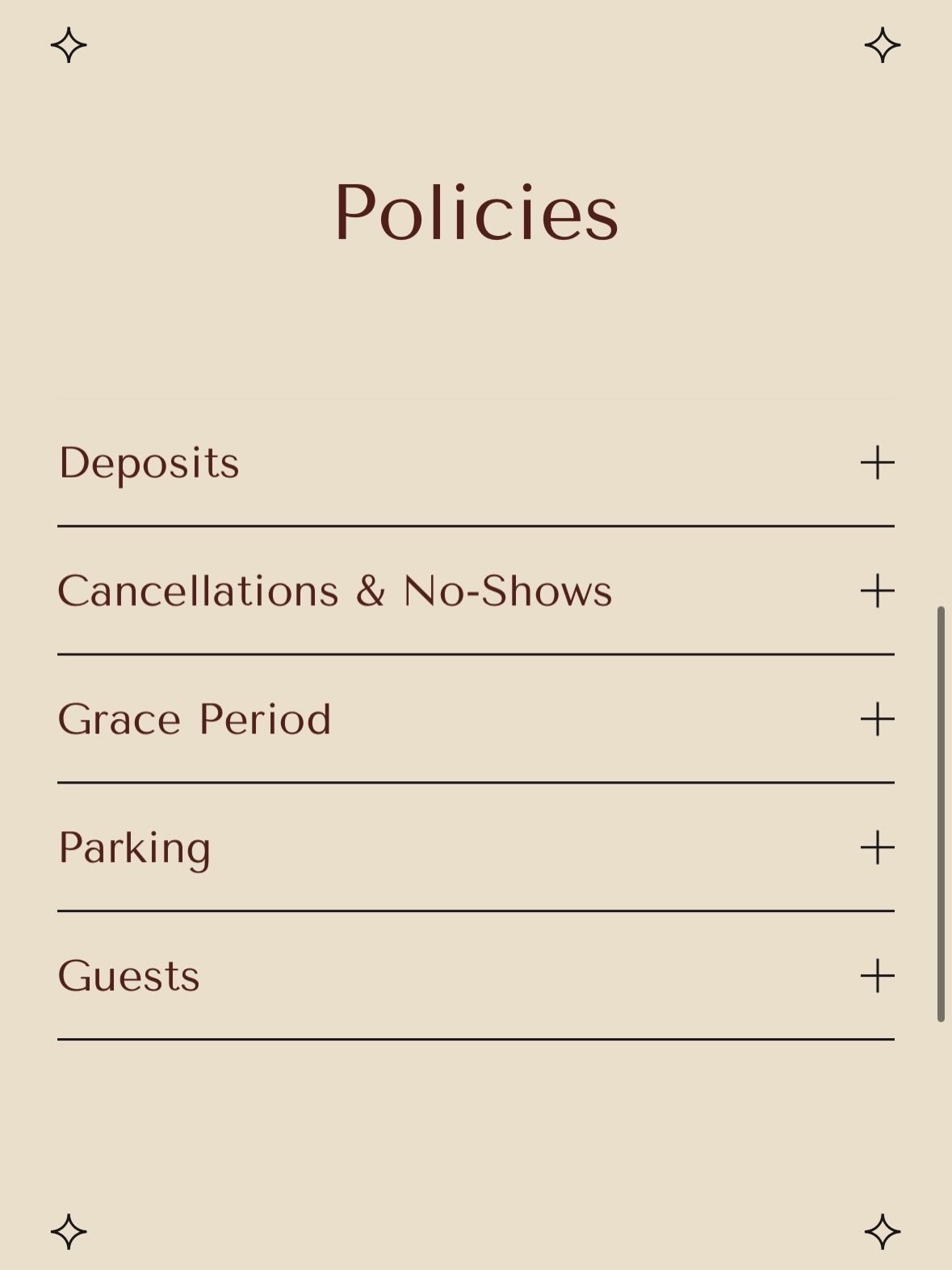 Hiii 🤎

I&rsquo;ve recently updated my booking policies to help keep things running smoothly for everyone. Please take a moment to review them before your next appointment.

By booking an appointment, you agree to these terms &amp; conditions.

Than