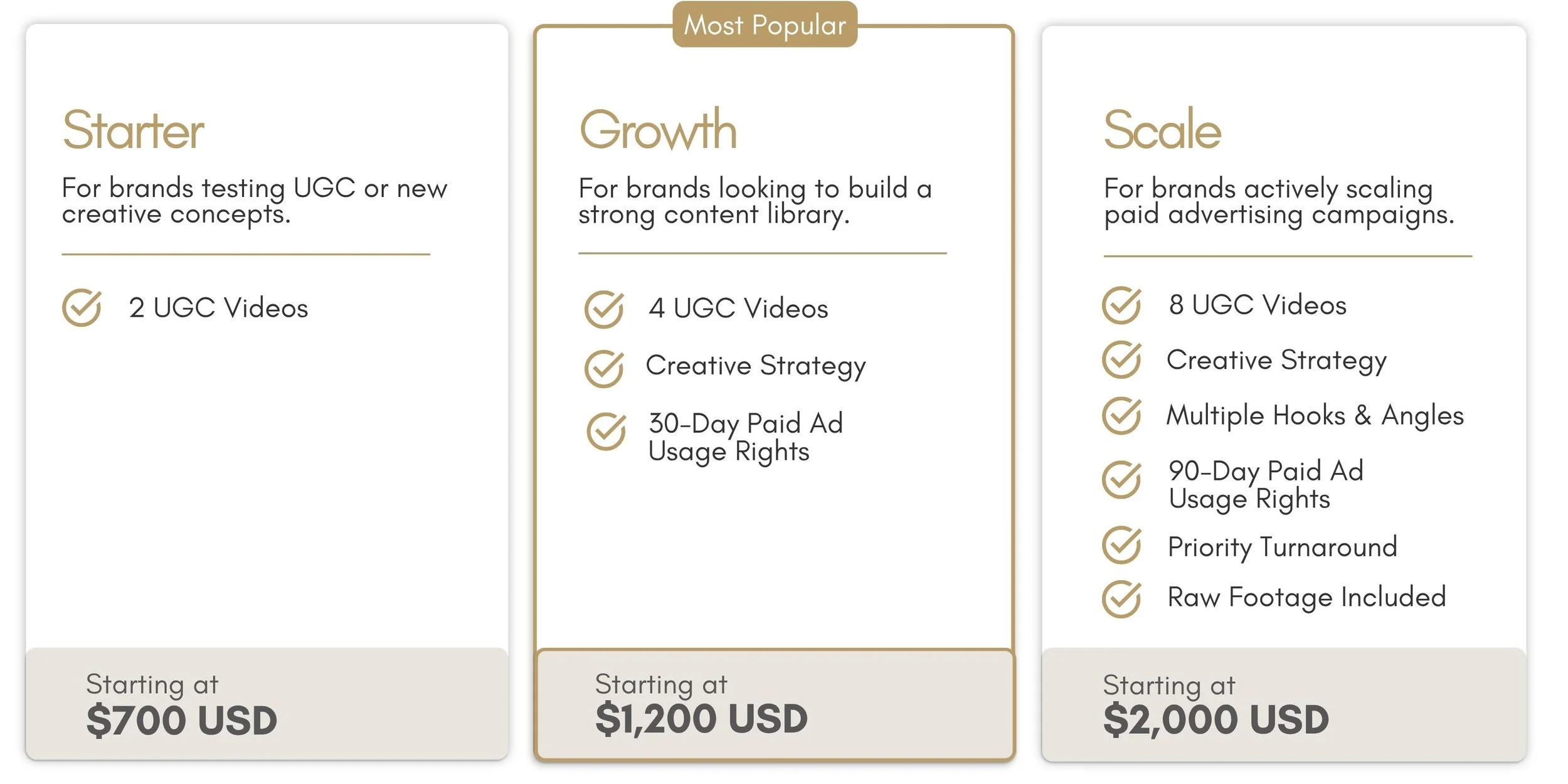 Comparison chart of three marketing plans labeled Starter, Growth, and Scale with features and starting prices.