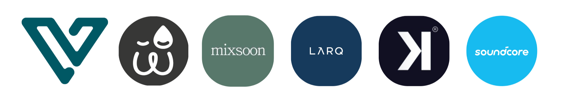 Six logos of music streaming services: Vibe, Wavo, Mixsoon, LARQ, K-LOVE, and Soundcore, lined in a row.