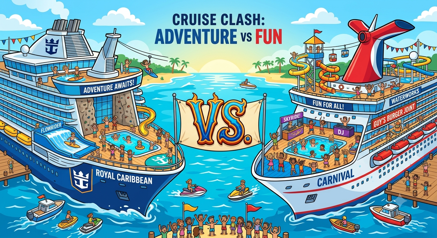 Alt Text: Colorful illustration comparing Royal Caribbean and Carnival cruise ships, highlighting Royal Caribbean’s adventure attractions and Carnival’s fun-filled entertainment, with a large “VS.” banner between them over a tropical ocean backdrop.