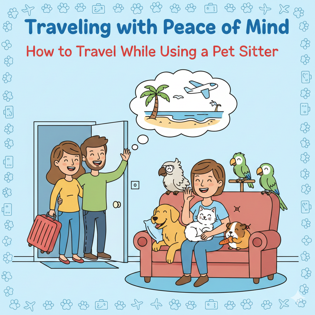 "Cartoon of a pet sitter caring for various animals while a couple leaves for a stress-free vacation. The image illustrates the concept of traveling with peace of mind by using a professional pet sitter to keep pets happy at home."