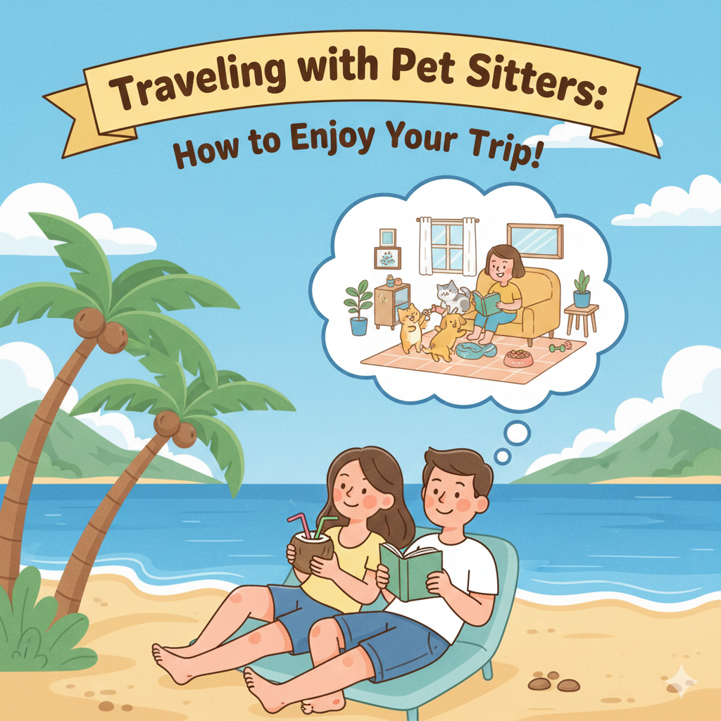 llustration of a couple relaxing on a beach vacation while imagining a pet sitter caring for their dogs and cat at home, representing stress-free travel with trusted pet care.