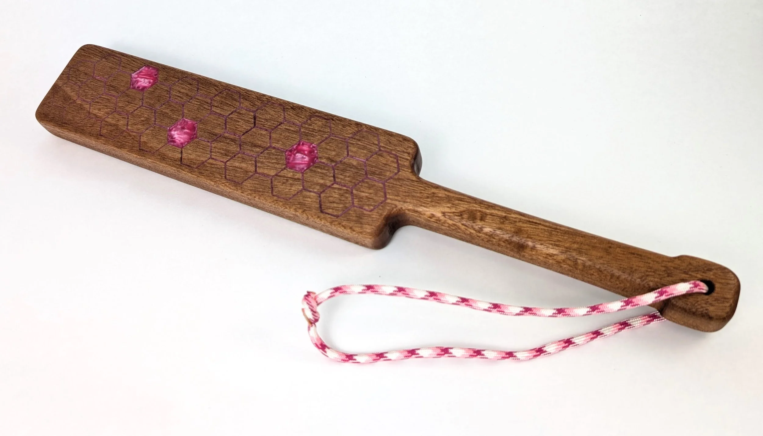 SOLD - #19 Sapele paddle with pink resin hexagon inlay