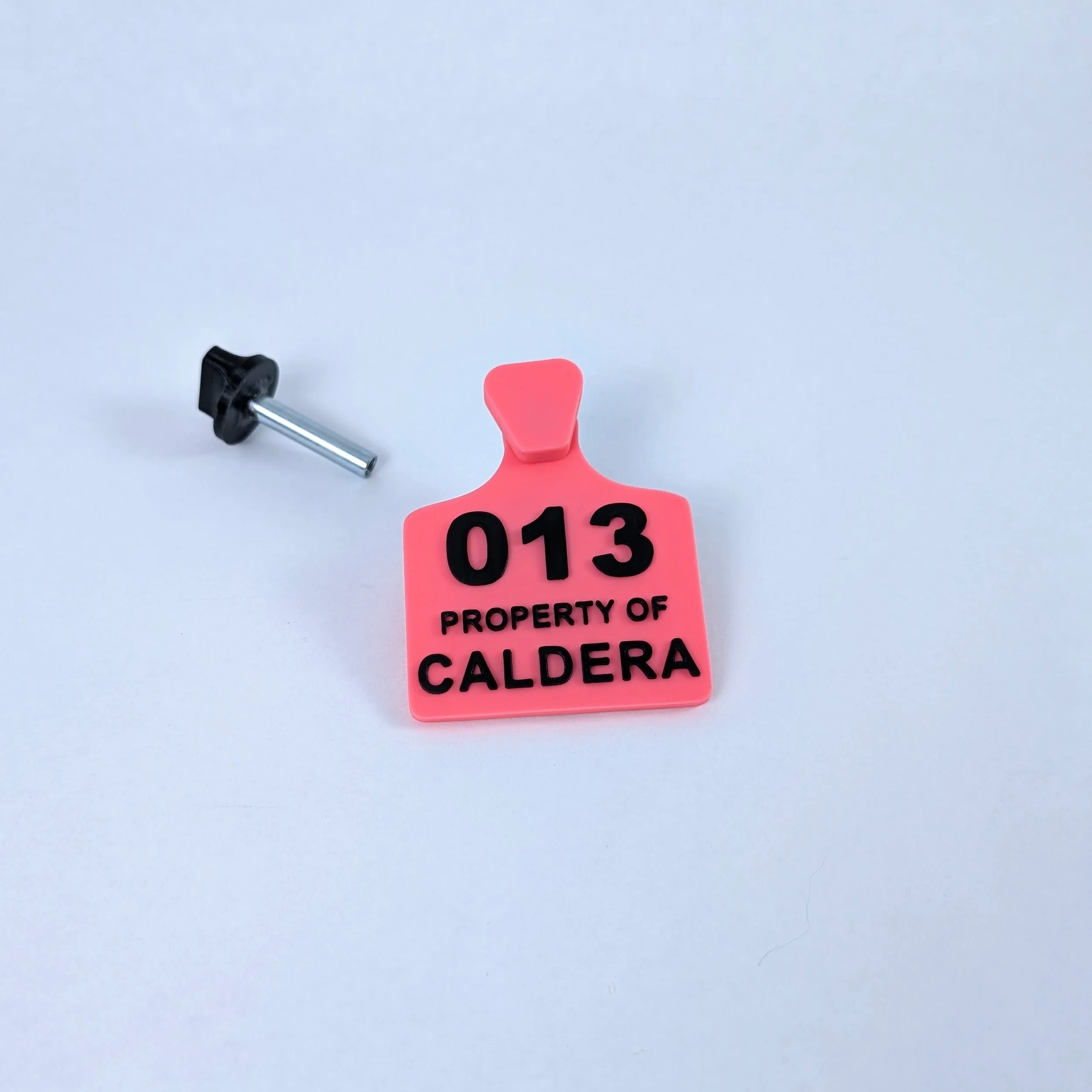 pink fursuit ear tag with black text