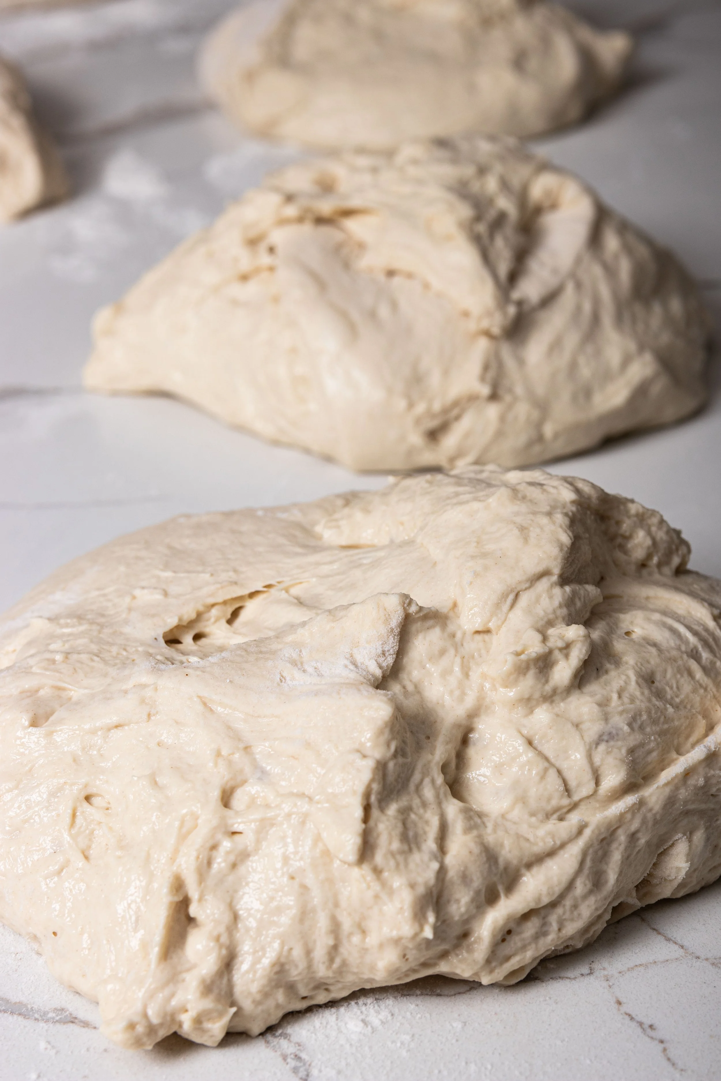Close-up of rawsourdough bread dough on a floured surface.