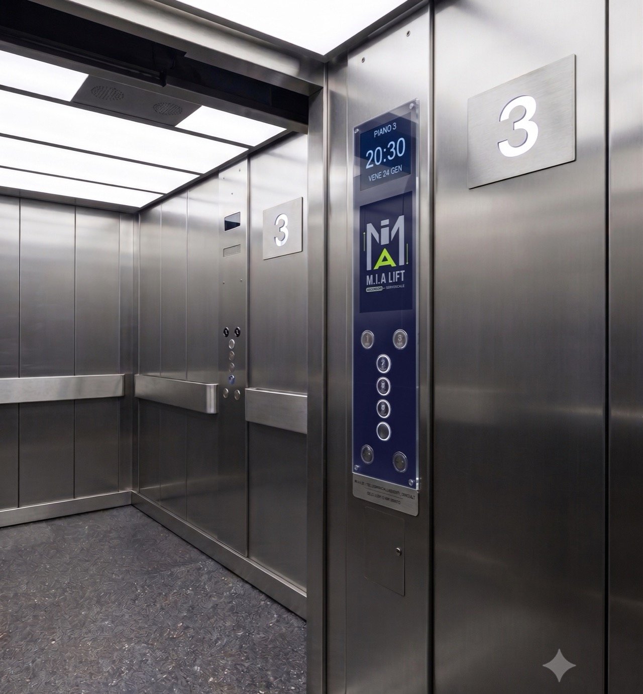 Cabina di un ascensore riammodernato da M.I.A Lift, con bottoniera e display nuovi