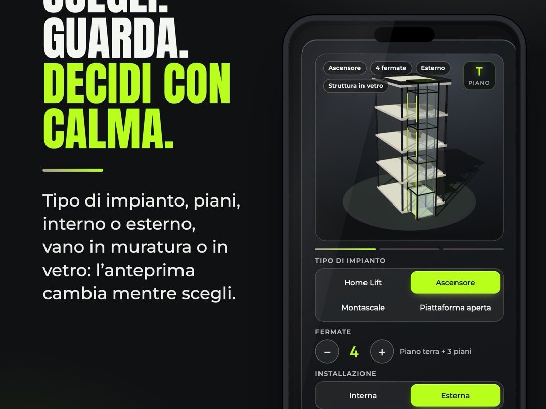 Configuratore 3D M.I.A Lift: anteprima di un ascensore con vano in vetro sullo smartphone