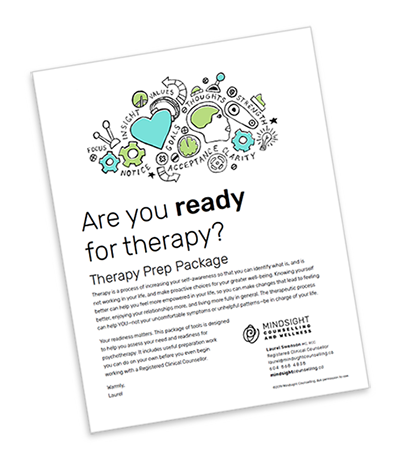Therapy Prep Package: an 8 page PDF with a weekly mood-chart, an “Am I ready?” checklist, and a daily experience journal.