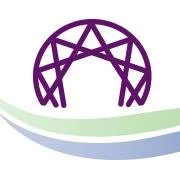 A purple geometric arch made of interconnected lines with green and blue curved lines beneath it.