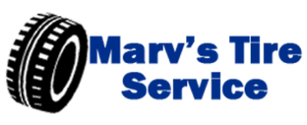Logo for Marv's Tire Service featuring a tire graphic and blue text.