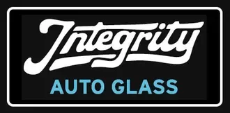 Sign with the word 'Integrity' in large white cursive lettering and 'Auto Glass' in smaller blue uppercase letters below on a black background.