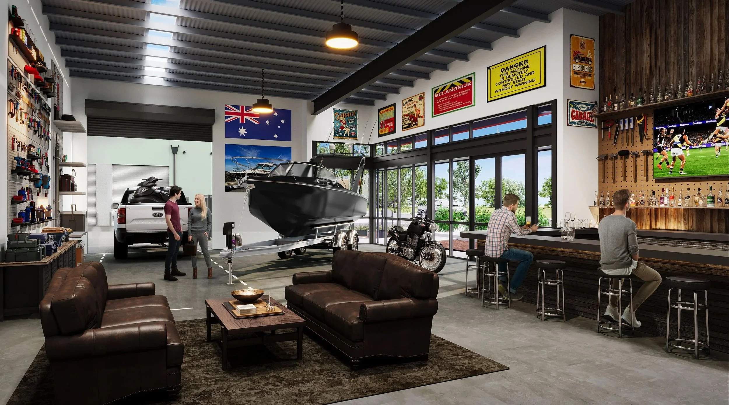 An interior of a modern garage and lounge area with a boat and motorcycle on display, a bar with stools, a TV showing a sports game, and two people sitting at the bar, while two others converse near the boat and vehicle.