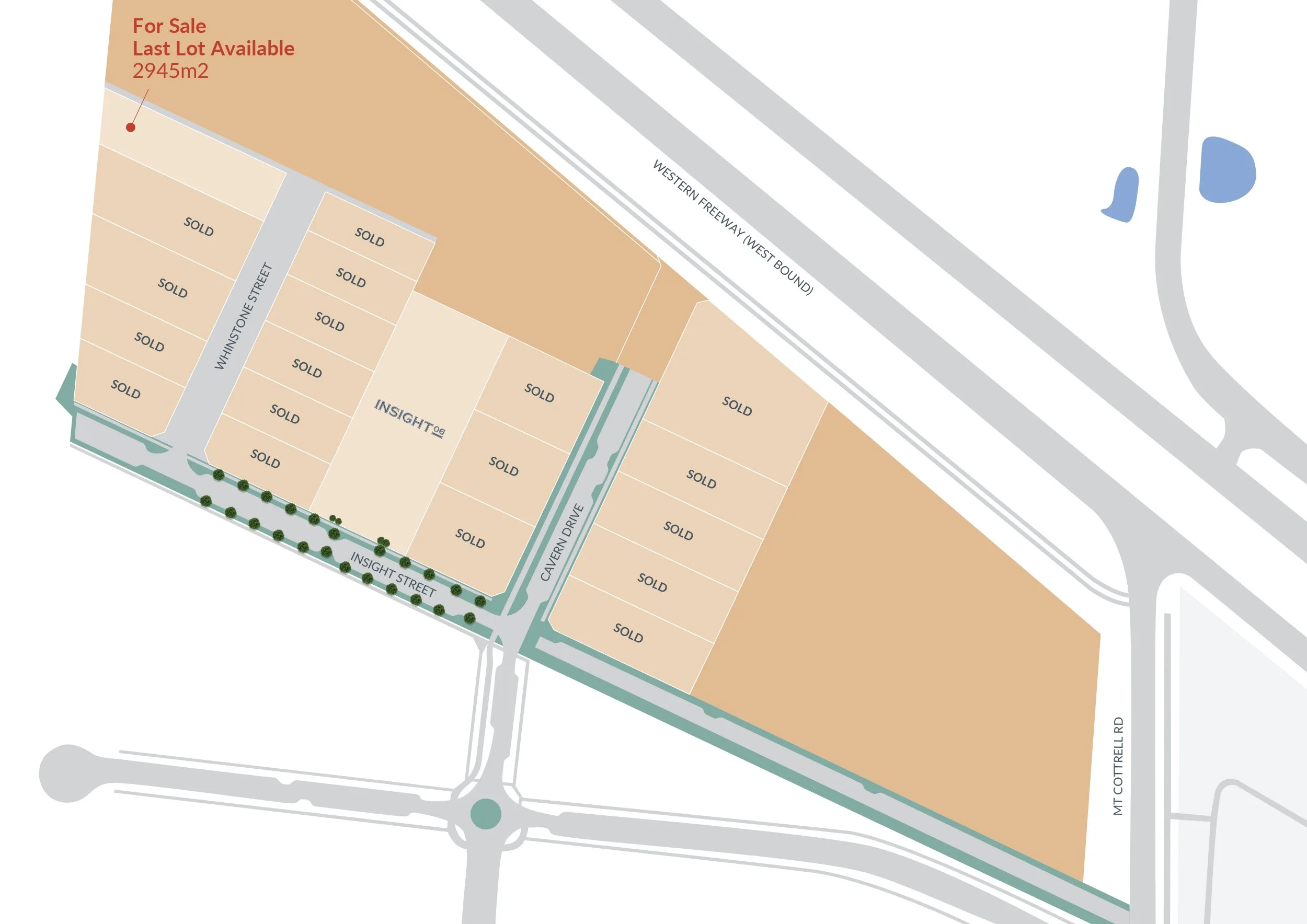 A real estate site map showing lots for sale, with the last lot marked at 2,945 square meters, and several lots marked as sold. The streets included are Whinstone Street, Cavern Drive, and Insight Street, along with nearby roads such as Western Freeway and Mount Cottrell Road. There are ponds and a canal nearby, and the map includes some green landscaping elements.