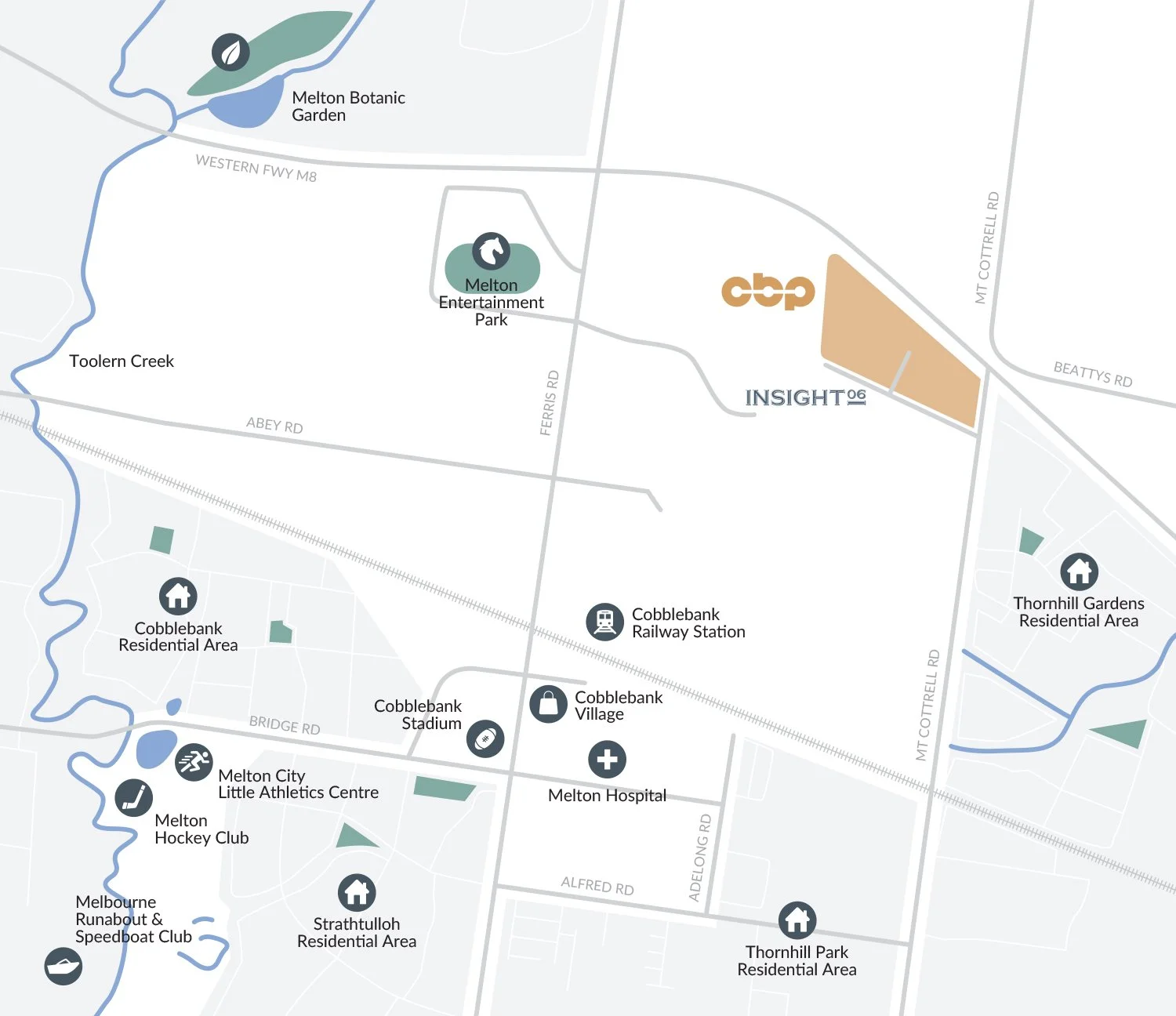 Map of Melton suburb showing landmarks like Melton Botanic Garden, Melton Entertainment Park and Melton Hospital. Also displays transportation options such as Cobblesbank Railway Station, along with residential areas and Cobblebank Business Park