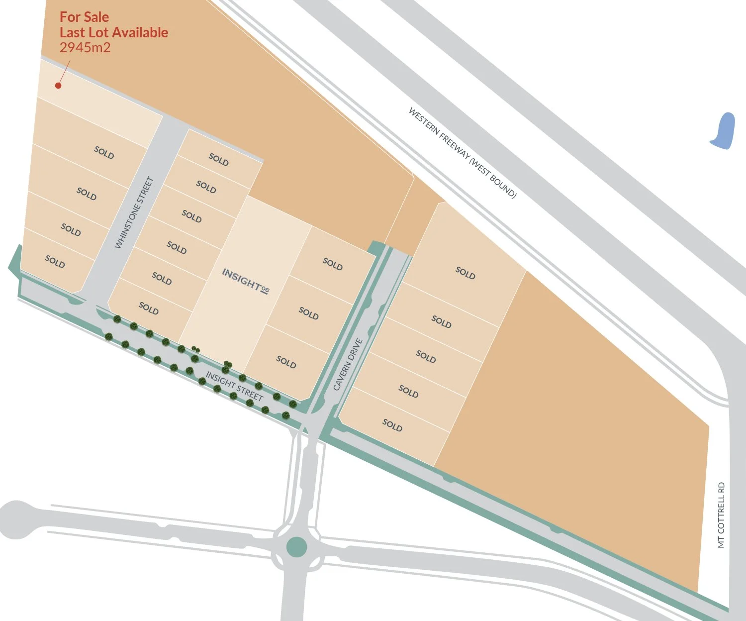 A site map showing numerous lots, most marked as sold, with some named street labels, including Whinstone Street, Insight Street, and Cavern Drive, adjacent to a highway labeled Western Freeway West Bound, with some lots available for sale and a last lot of 2945 square meters remaining.
