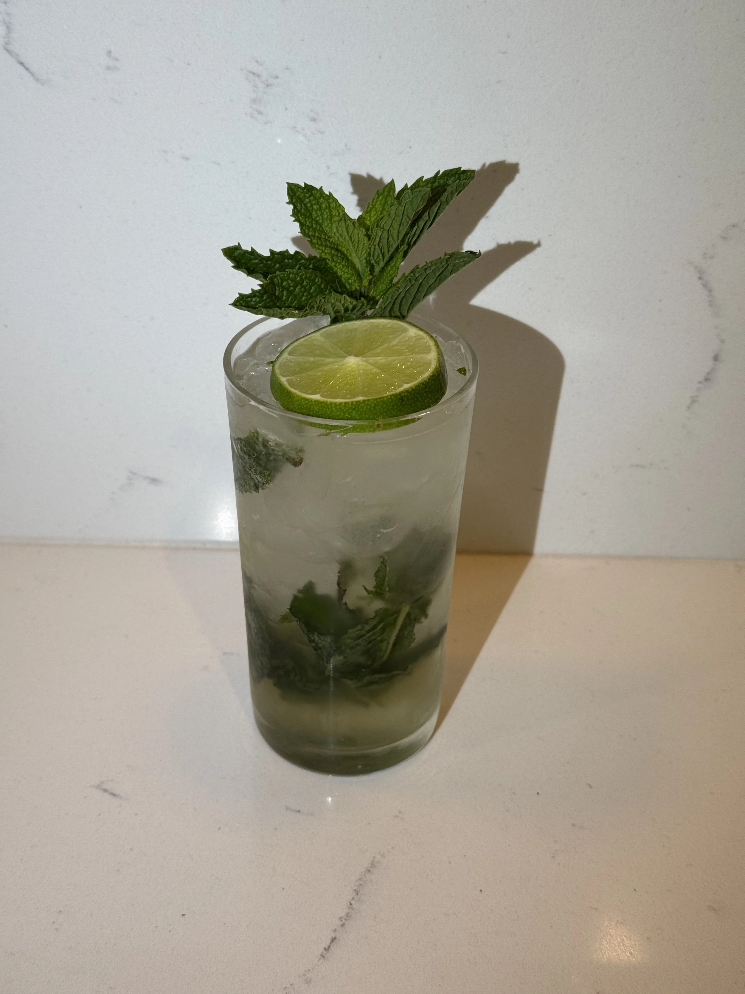 A tall glass of mojito cocktail garnished with lime slice and mint leaves.
