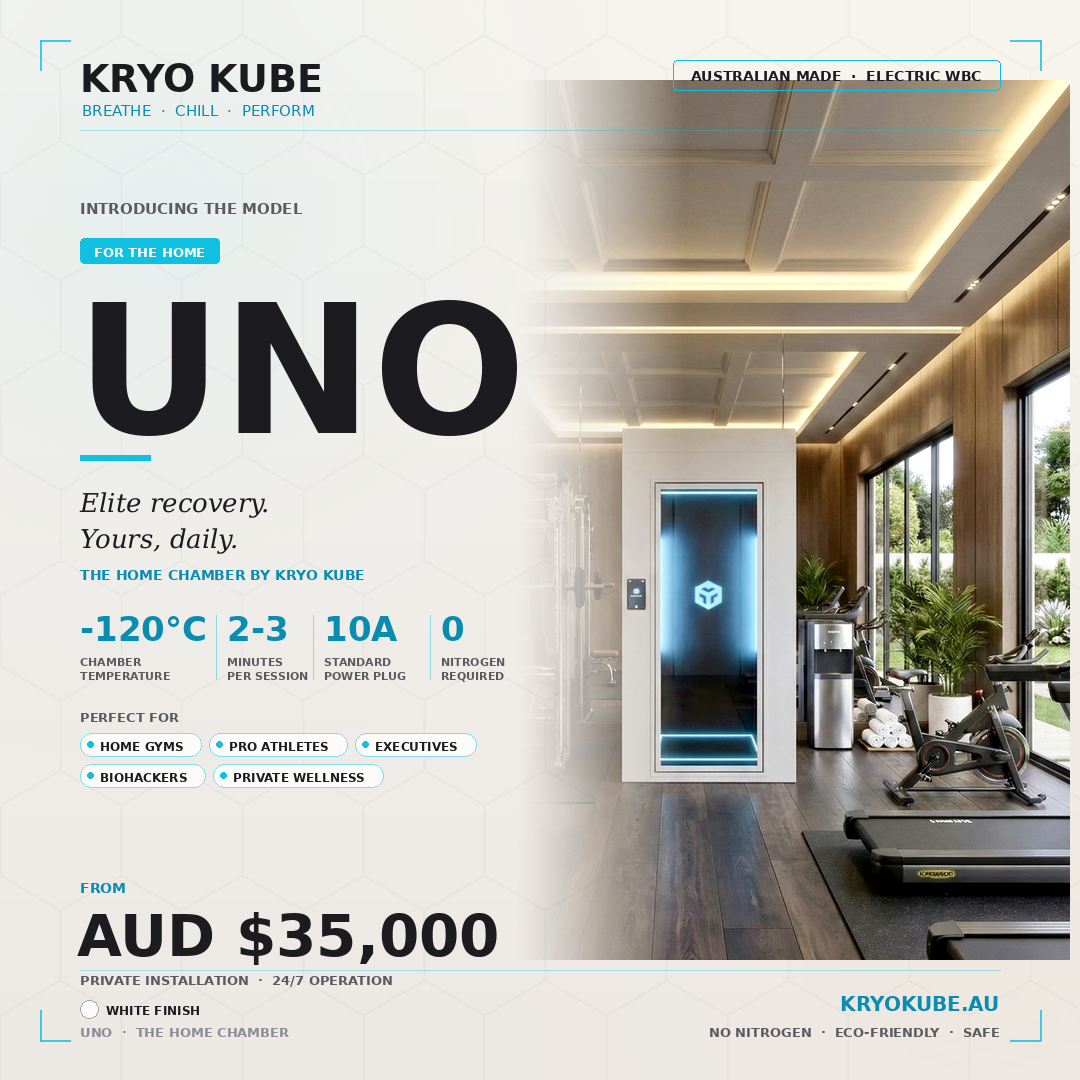Modern wellness device called Kryo Kube, located in a gym with large windows, wooden walls, and exercise equipment, designed for ice therapy with a sleek illuminated interior.