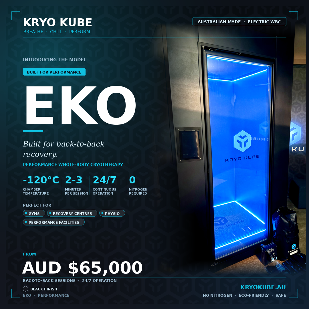 Advertisement for Kryo Kube EKO cryotherapy chamber with blue lighting, featuring product specifications and pricing.