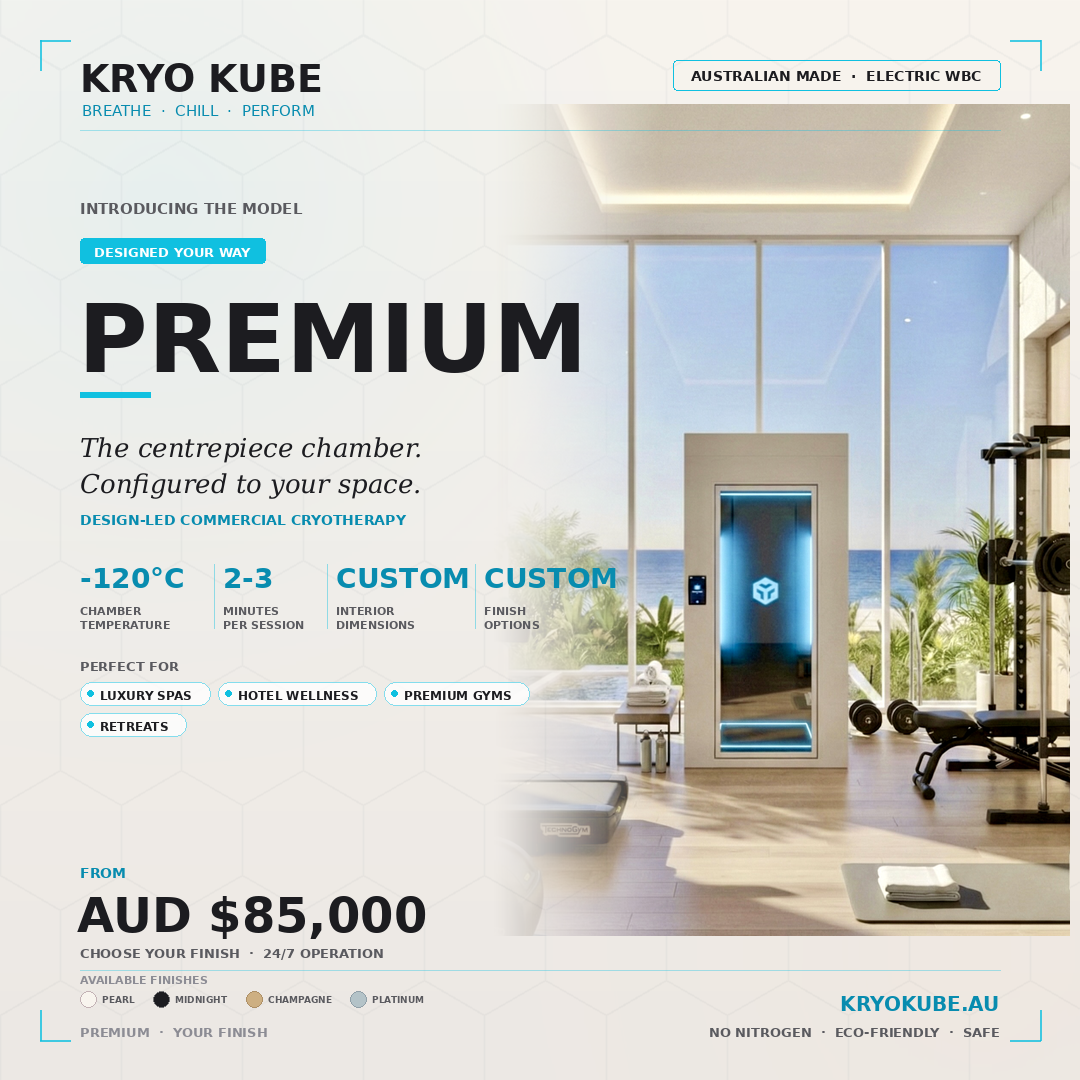 Advertisement for Kryo Kube, a premium design-led commercial cryotherapy chamber featuring a modern aesthetic with large glass windows, situated in a bright room with gym equipment and ocean view.