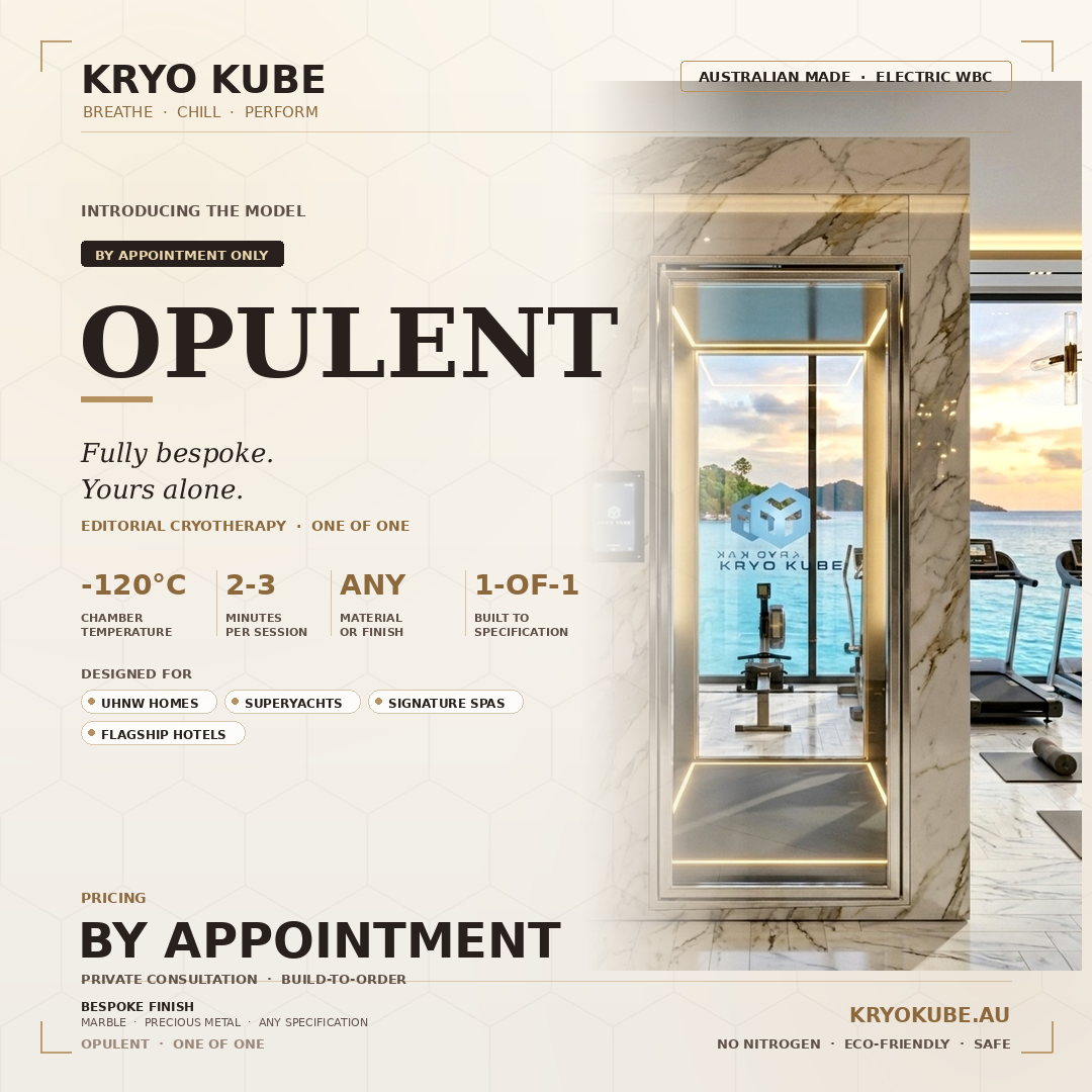 Luxury sauna or cryotherapy chamber with marble walls, glass door, and ocean view in the background.