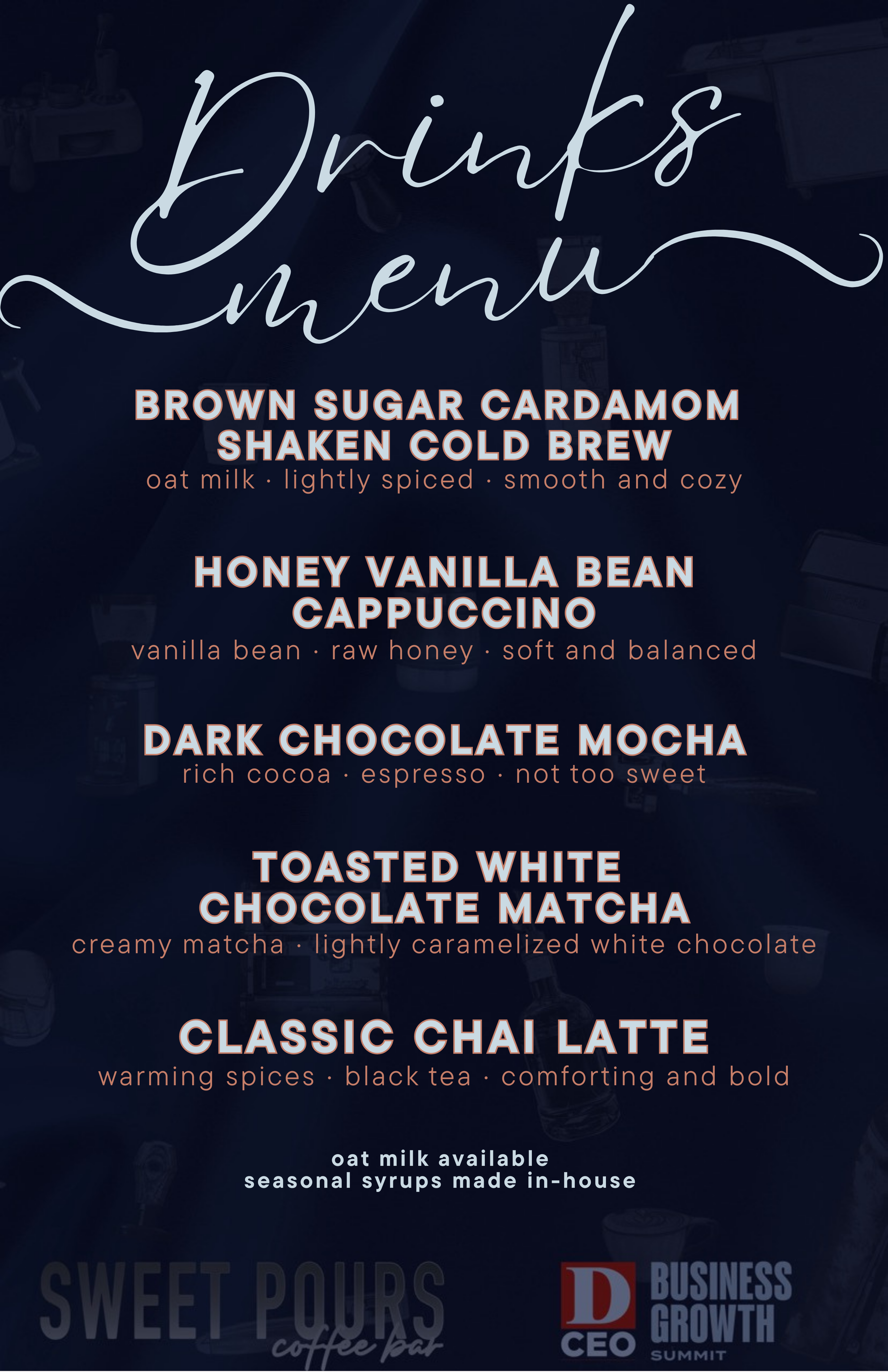 Coffee Cart Catering for Corporate event in Dallas Texas. Professional barista working on a mobile coffee cart with matcha service.