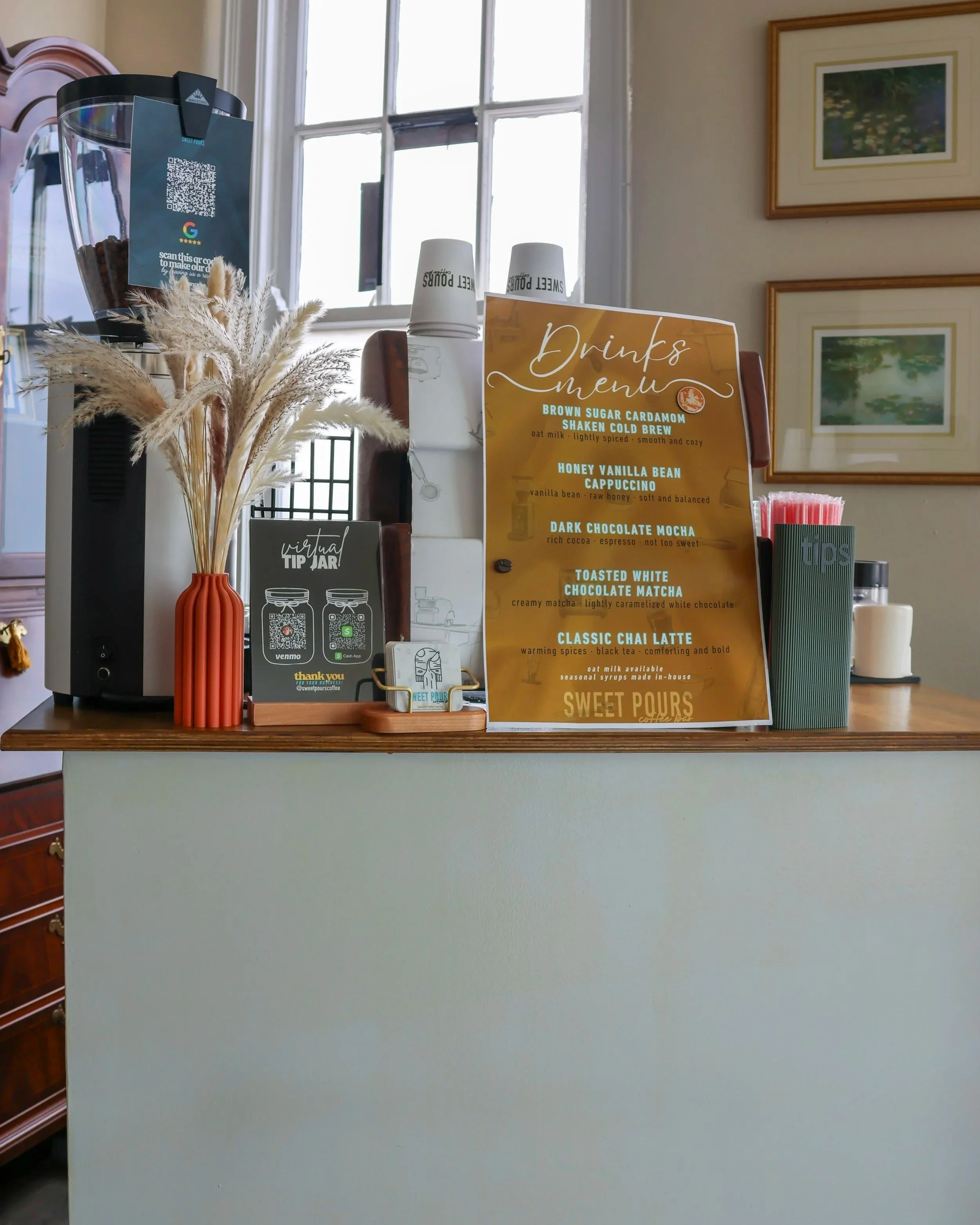 A full-service mobile espresso bar setup serving handcrafted lattes and specialty drinks for a corporate event.