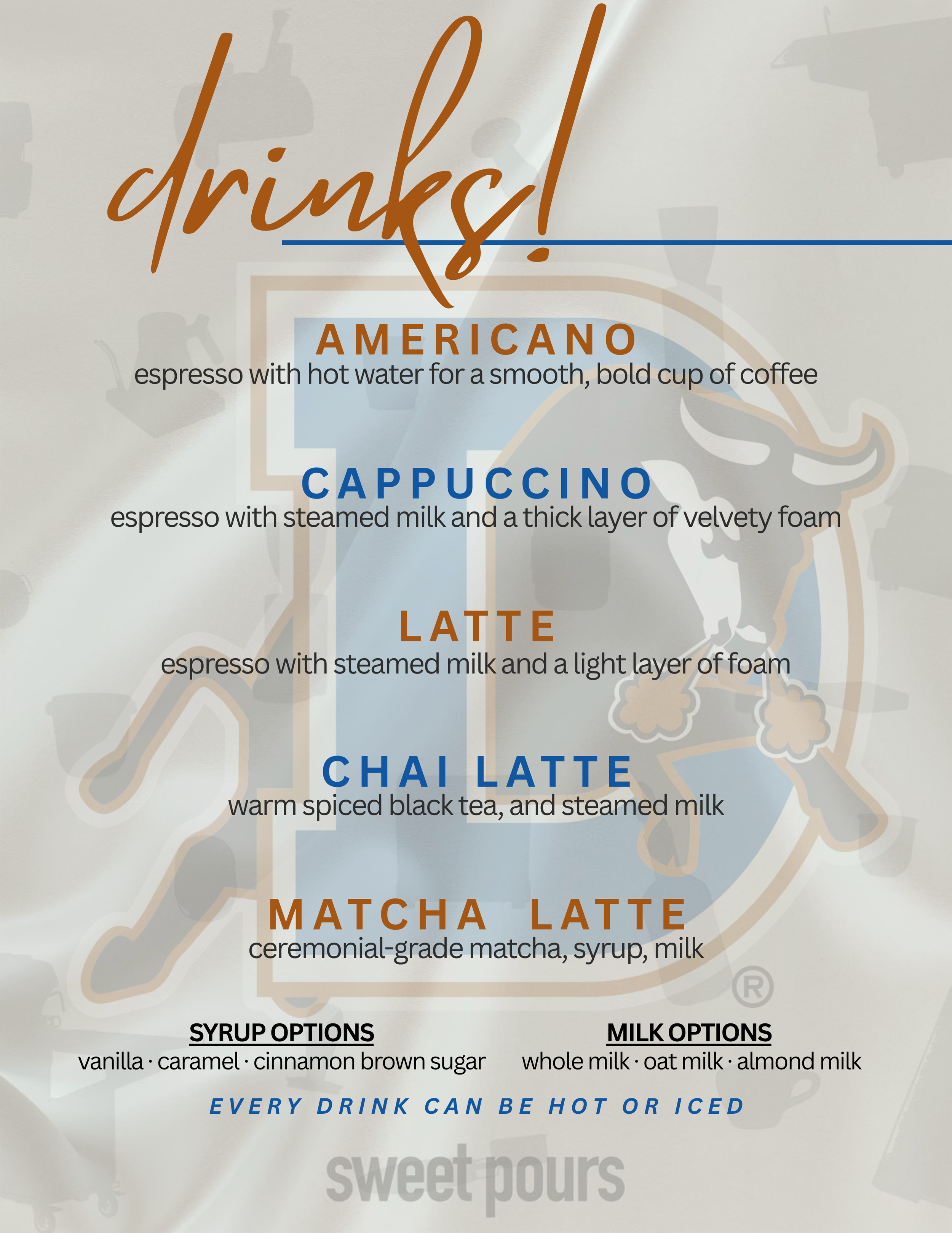 A menu showing various coffee drinks including Americano, Cappuccino, Latte, Chai Latte, and Matcha Latte, with descriptions of ingredients and options for syrup and milk choices.