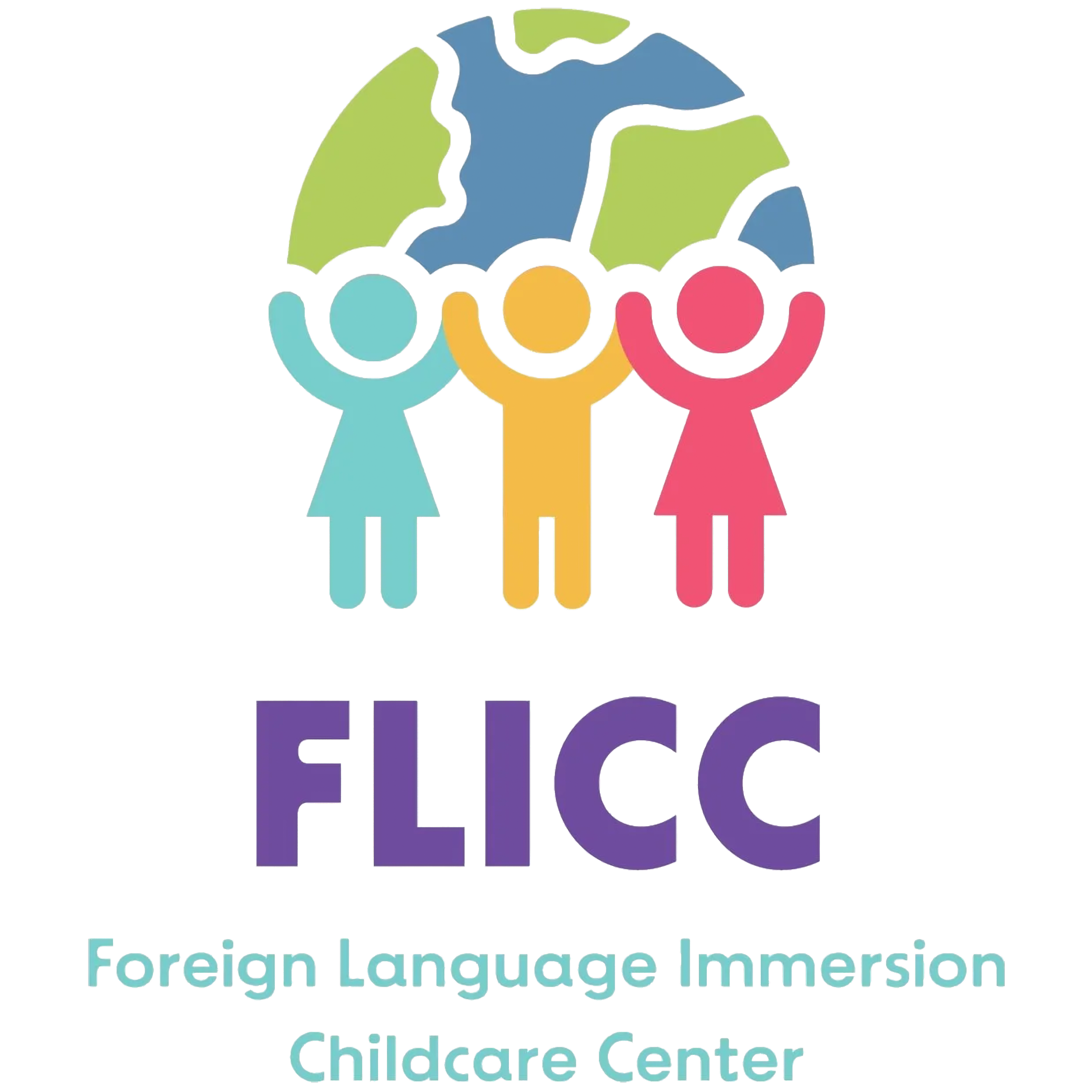Logo for FLICC, featuring three colorful children holding hands with a stylized globe above them, and the text 'Foreign Language Immersion Childcare Center' below.