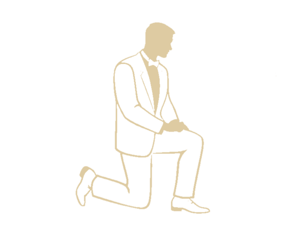 Outline drawing of a man in a suit kneeling on one knee with one hand resting on his upper thigh.