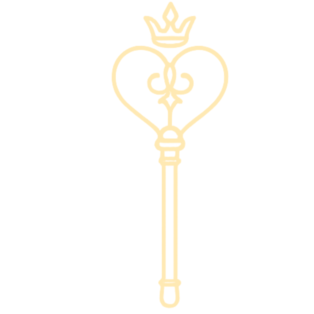 A gold key with a heart-shaped bow topped with a crown, and intricate decorative details.