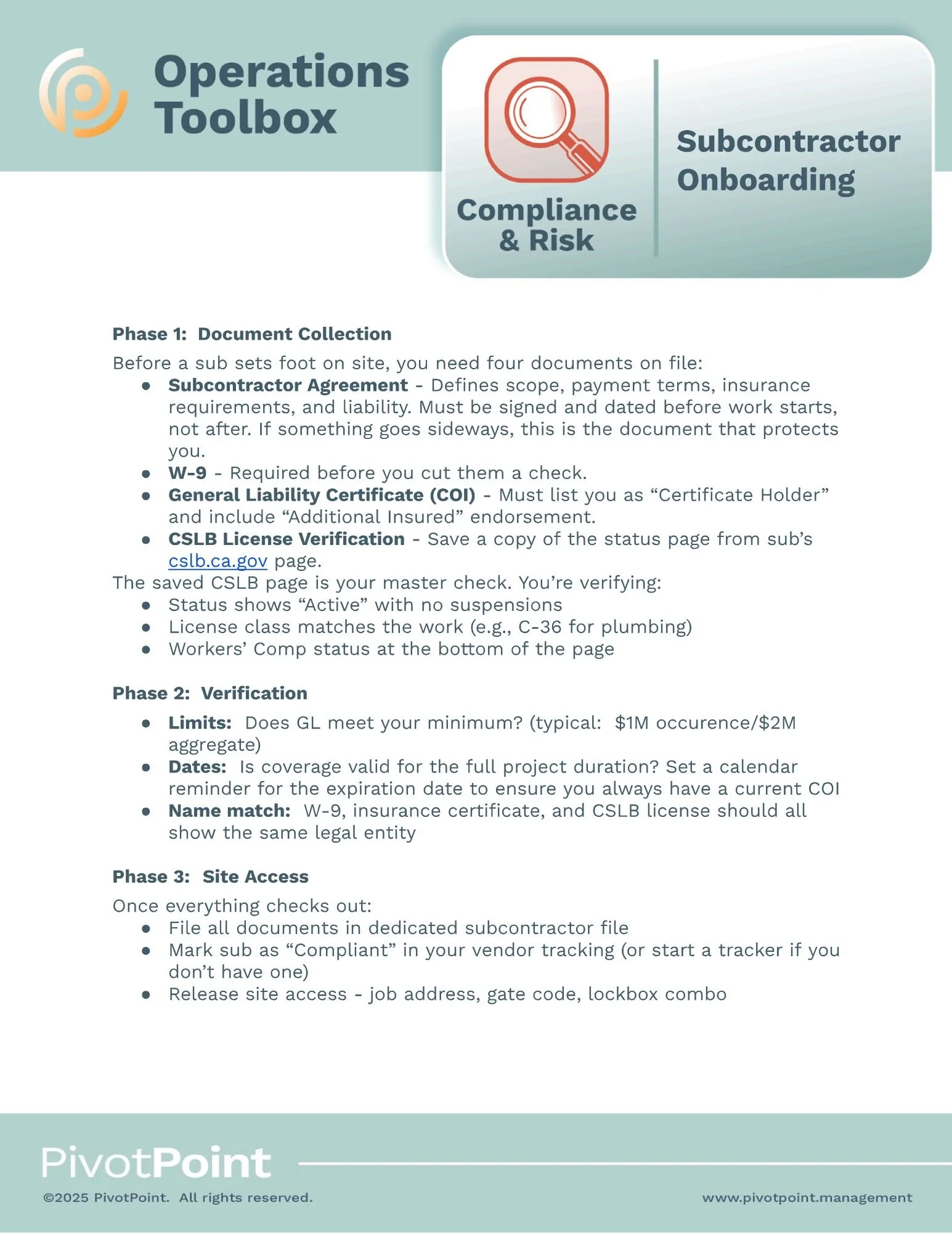 Subcontractor Onboarding - Compliance & Risk SOP for residential contractors