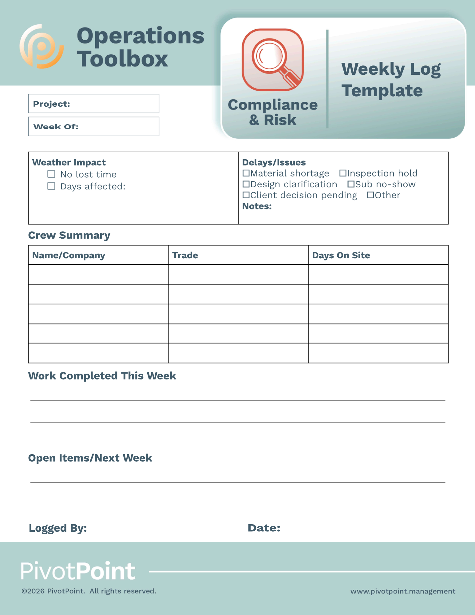 Risk - Weekly Log Template