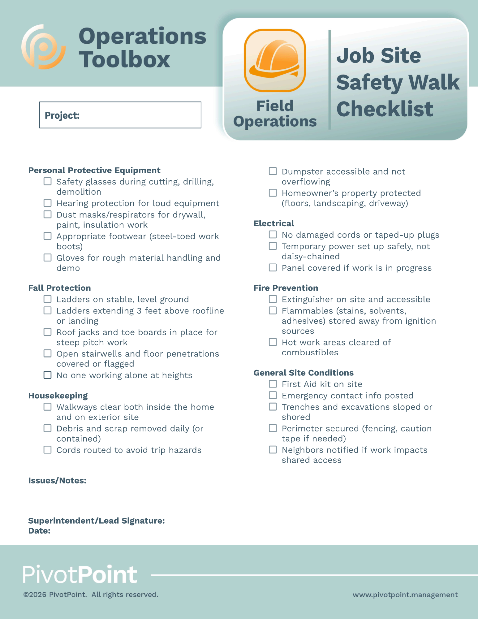 Field Operations - Job Site Safety Walk Checklist