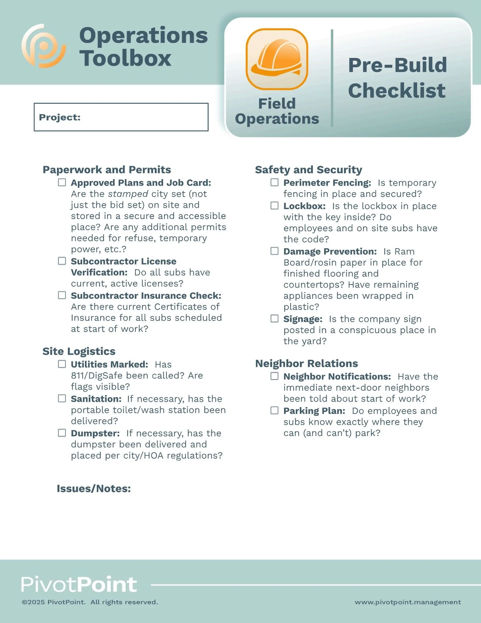Pre-Build Checklist - Field Operations SOP for residential contractors