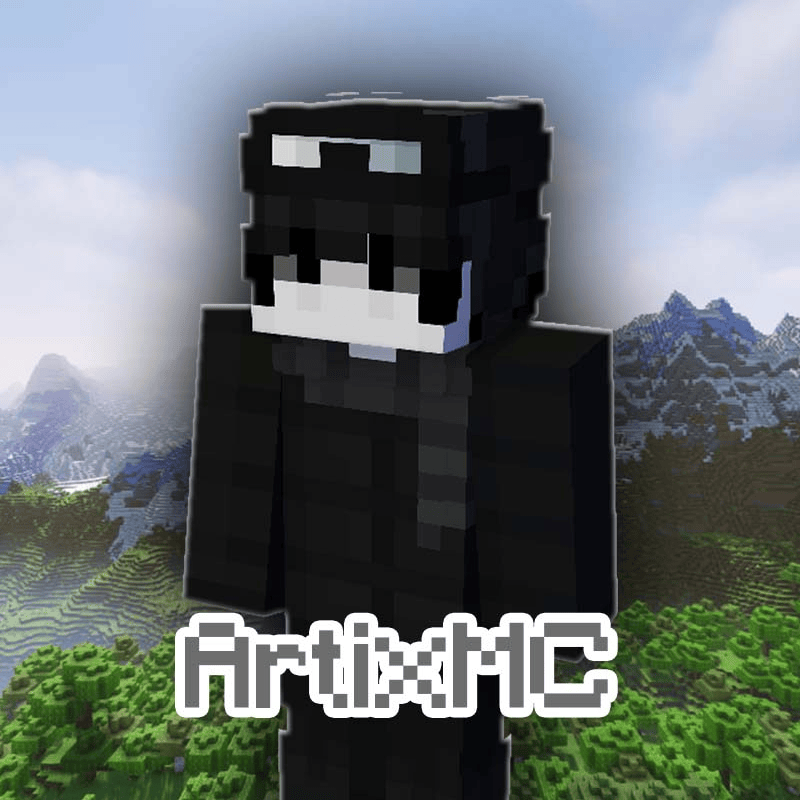 Minecraft character with black hair, glasses, wearing black, standing outdoors with a mountain and forest background.