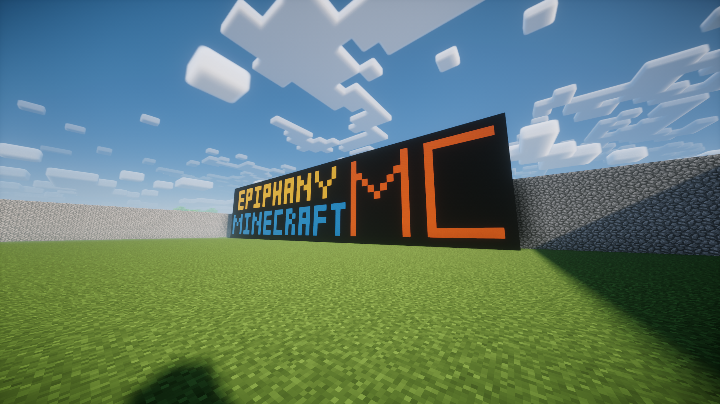 Pixelated Minecraft display with the text 'EPIPHANY' in yellow, 'MINECRAFT' in blue, and large orange letters 'TL' on a black background, positioned on a grassy field against a blue sky with clouds.