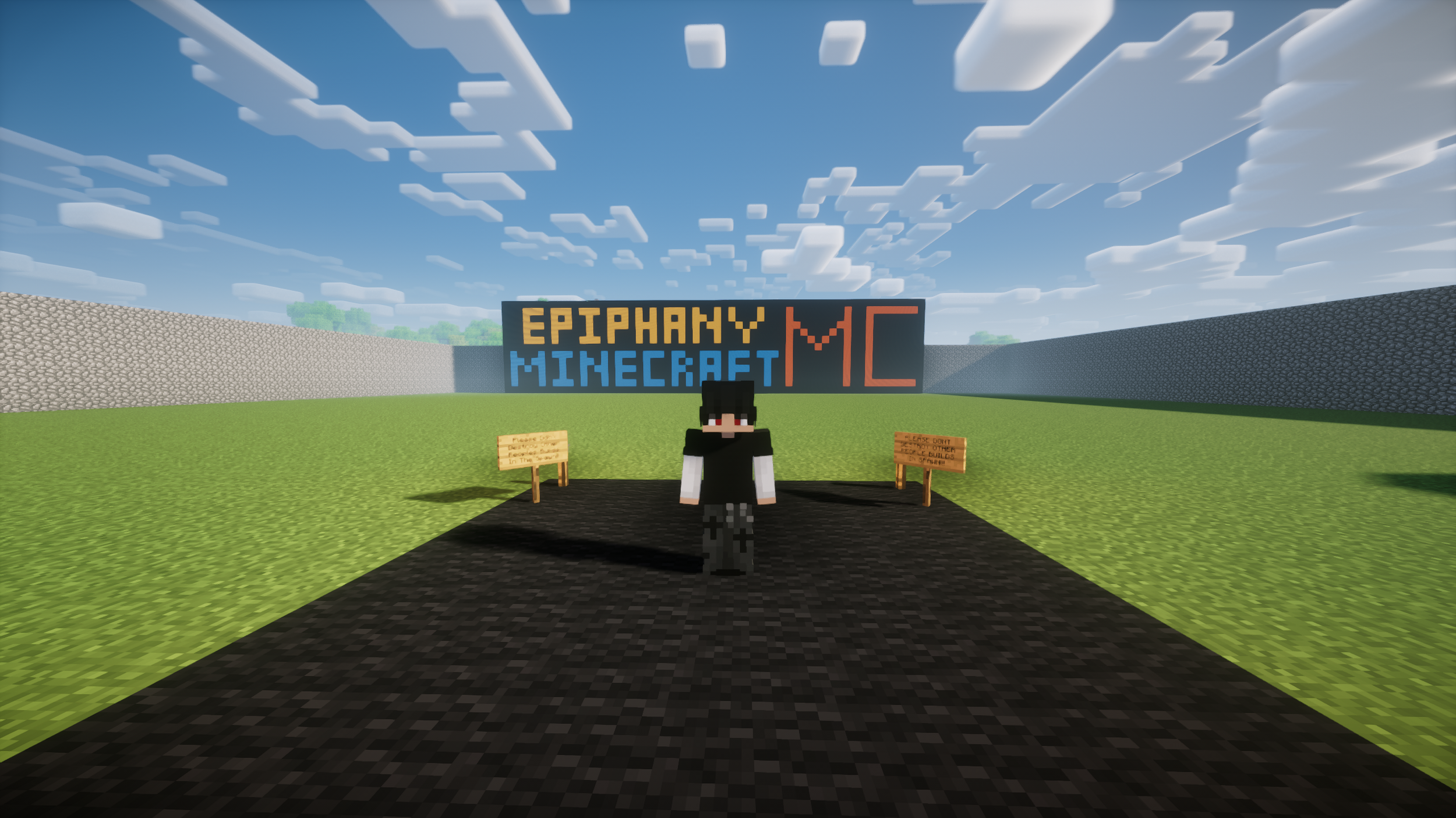 Minecraft character standing in front of a large sign that says 'EPIPHANY MINECRAFT MC' on a grassy area with stone walls on both sides and a blue sky with clouds in the background.