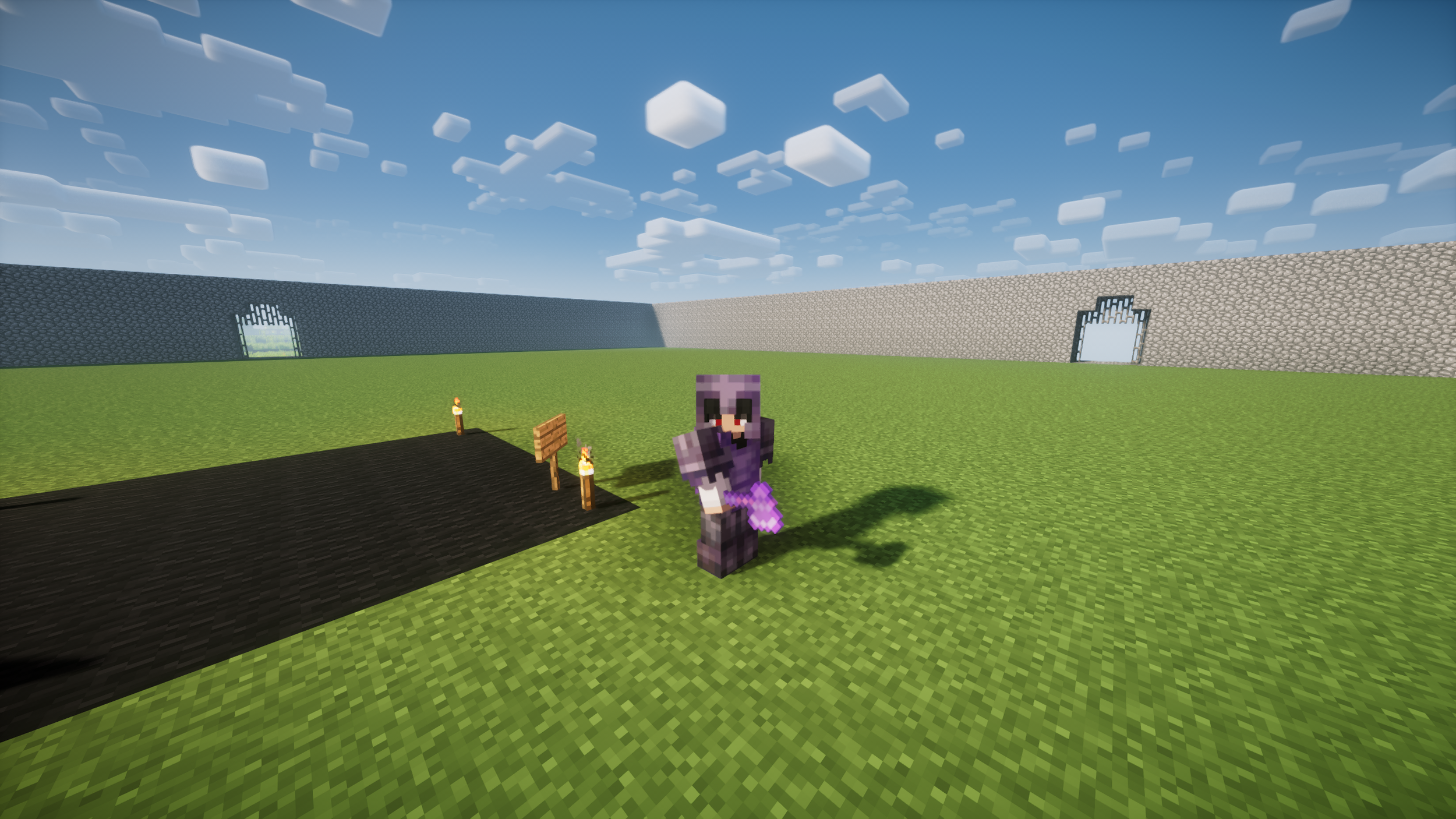 A screenshot from the video game Minecraft depicting a character holding an enchanted purple object, standing on a grassy field inside a walled enclosure with stone walls and two large gates, under a daytime sky with clouds.
