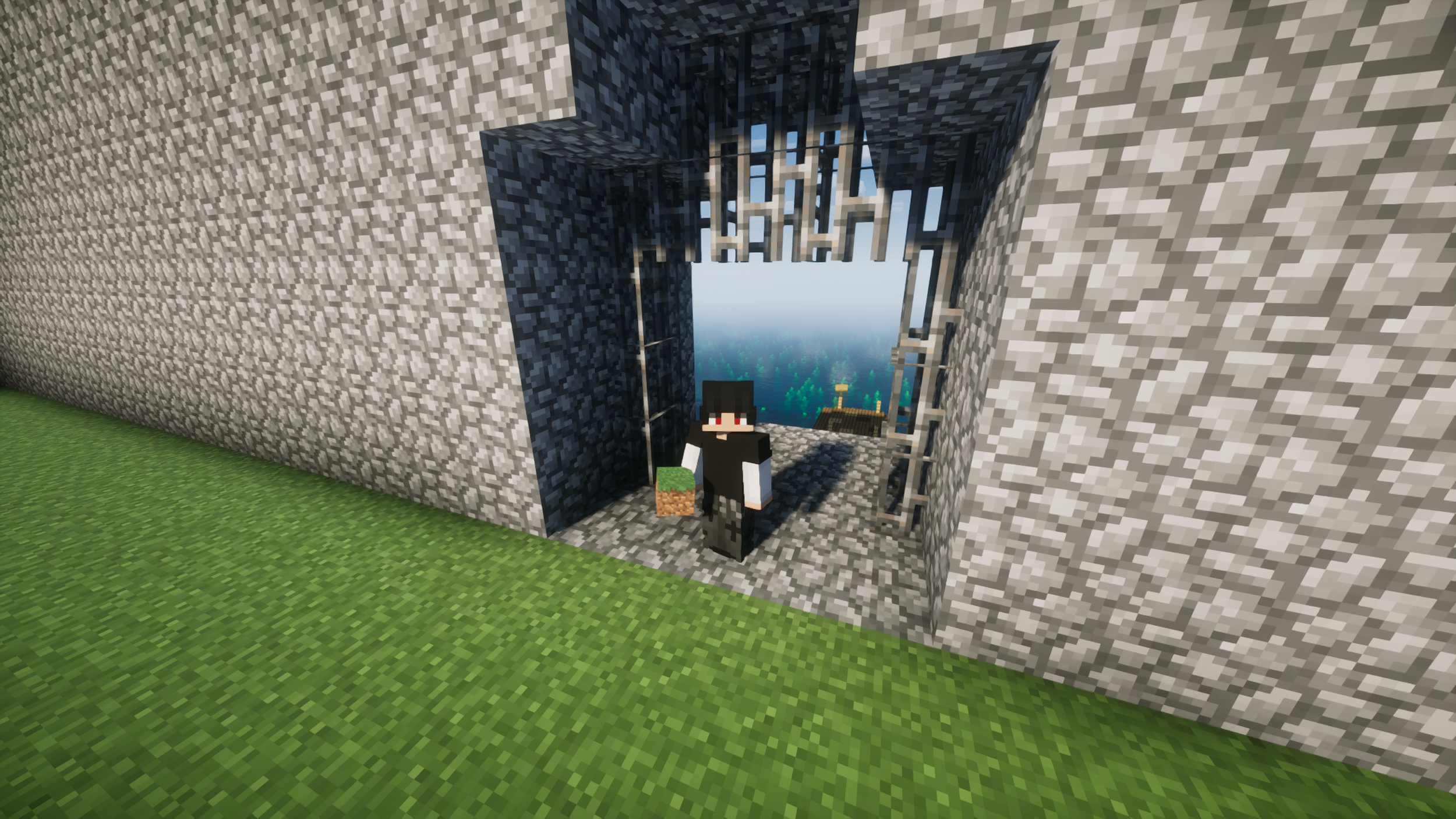 Minecraft character standing outside a stone building with a window, holding a potted plant, with a view of ocean and islands in the background.