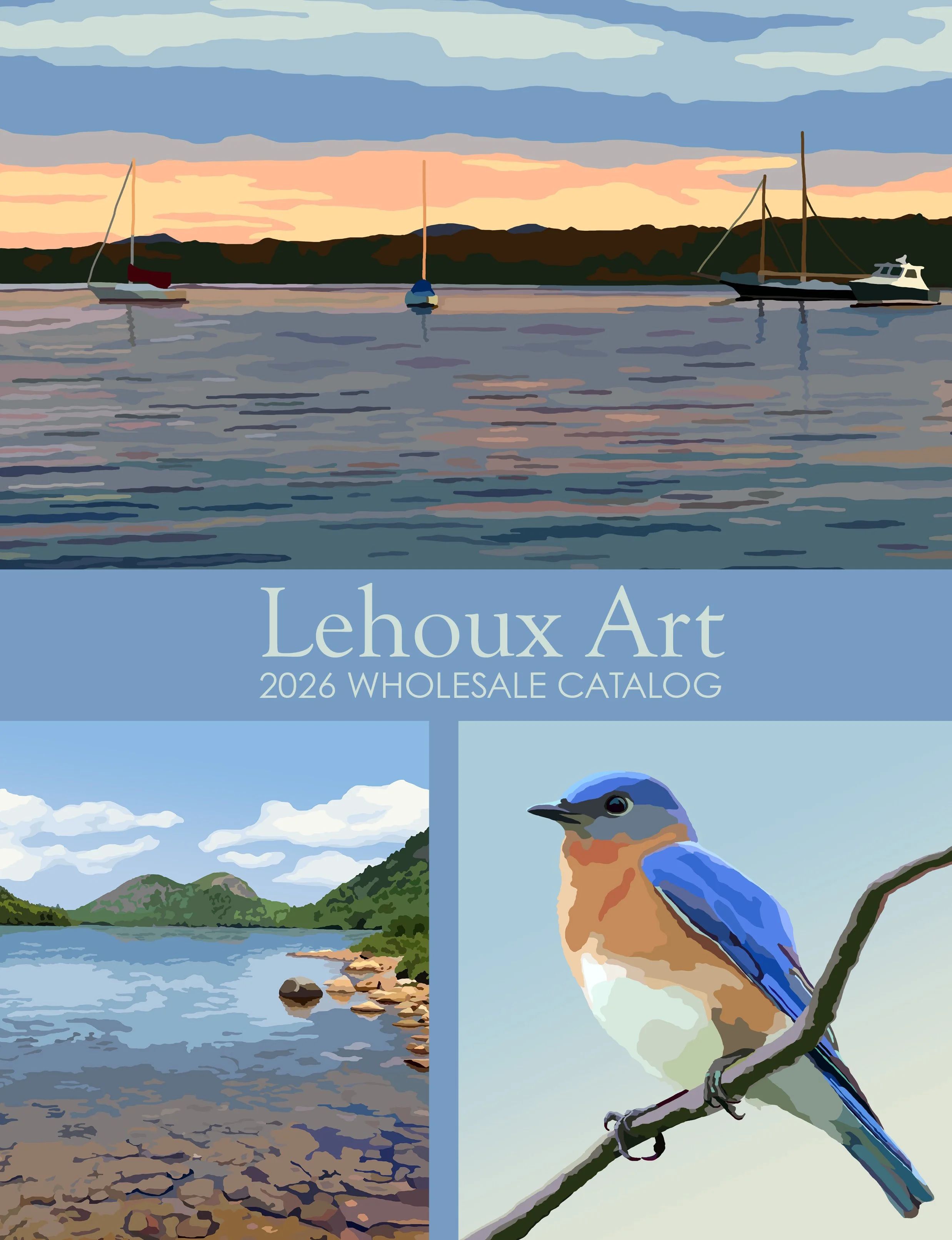 A digital painting of a serene lake at sunset with boats anchored on calm waters, a forested shoreline, and a bluebird perched on a branch in the foreground.